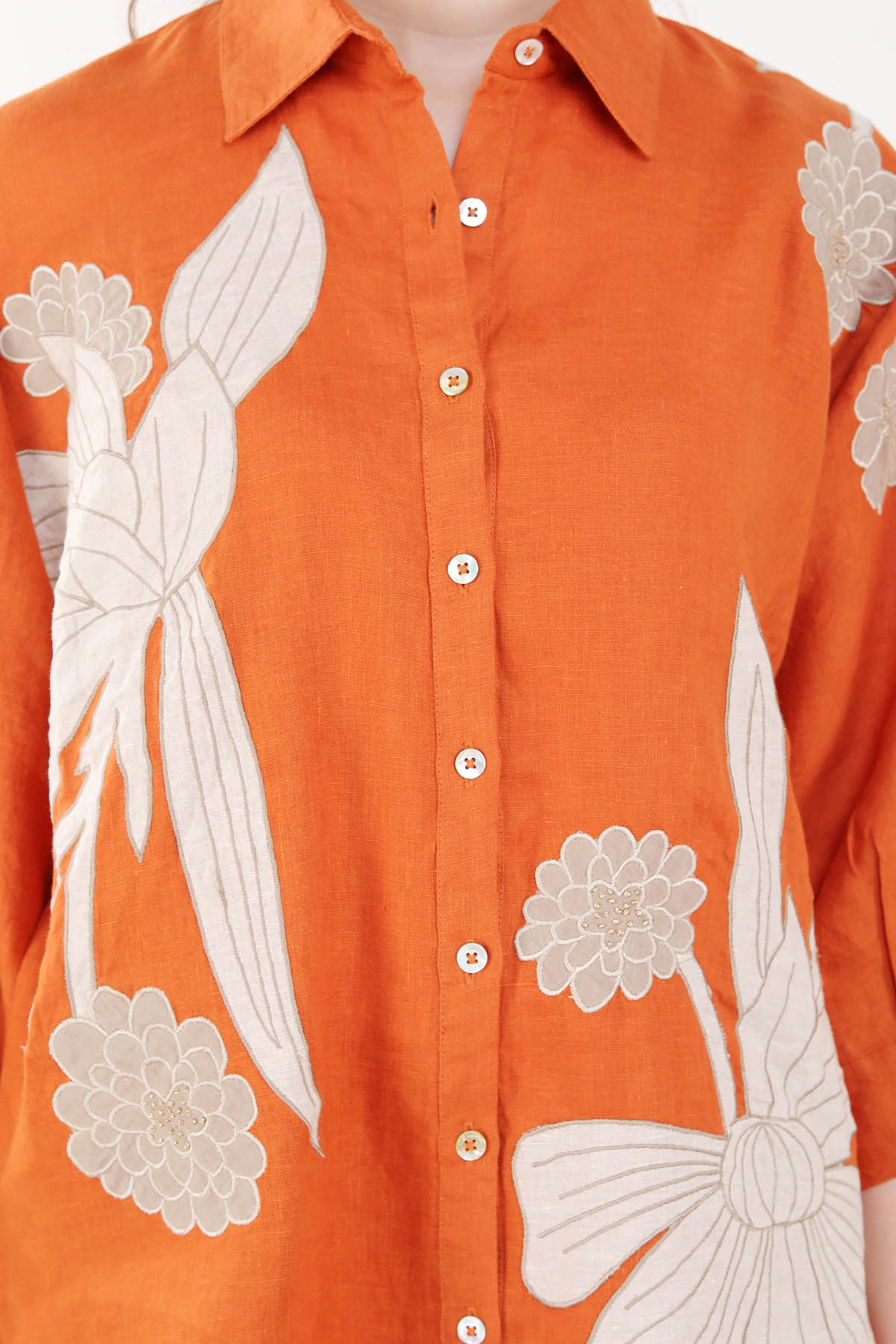 Orange Floral Embroidered Shirt
