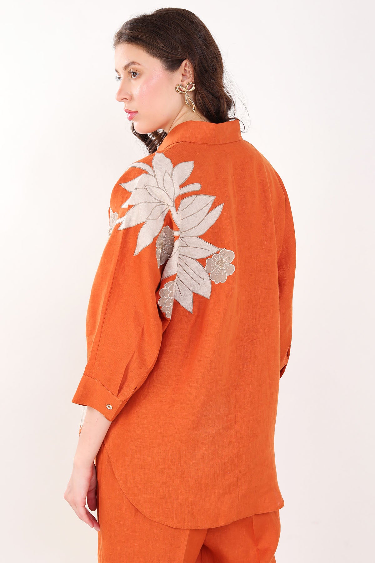 Orange Floral Embroidered Shirt
