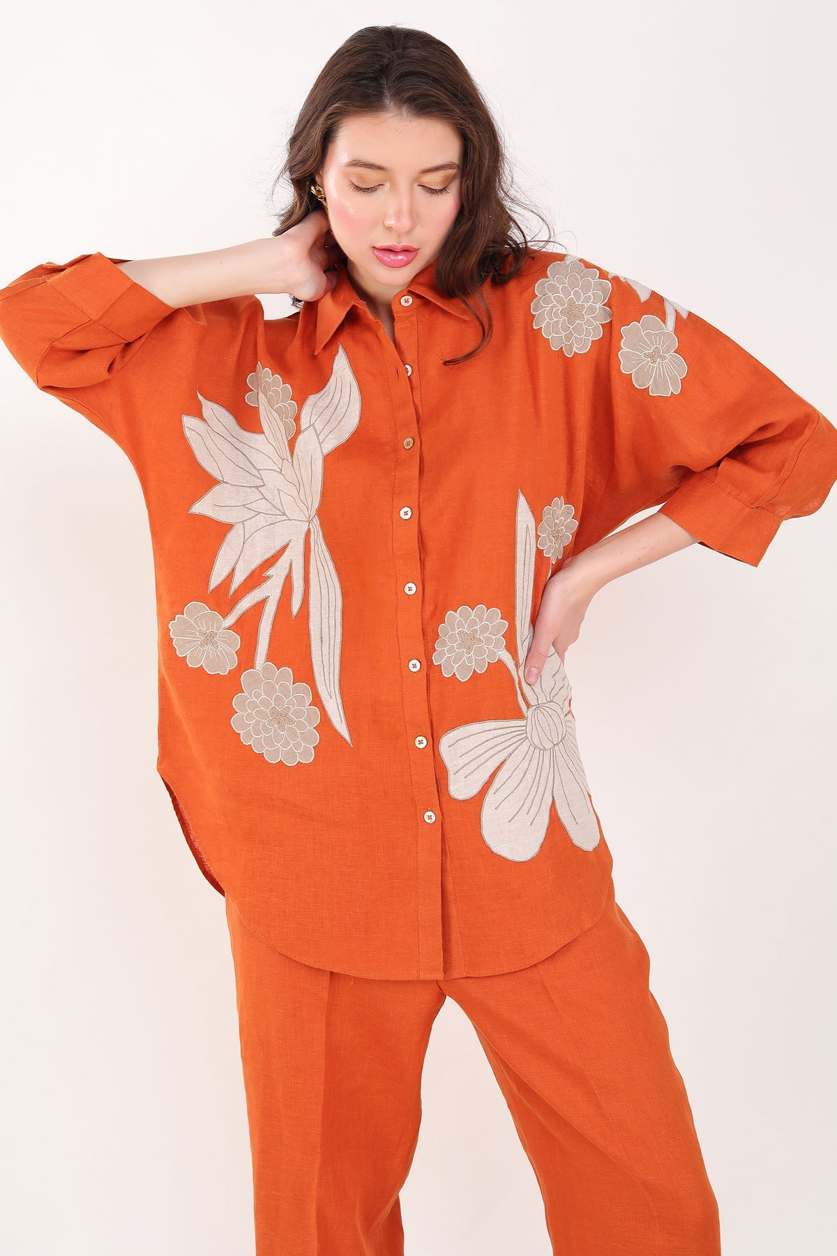 Linen Bloom Orange Floral Embroidered Shirt for women online at ScrollnShops