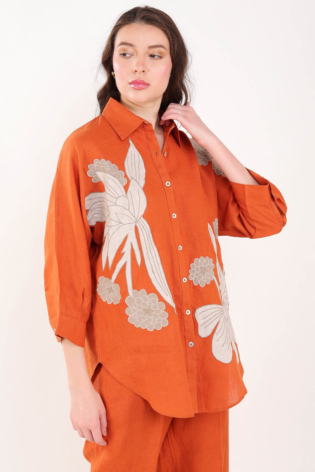 Orange Floral Embroidered Shirt