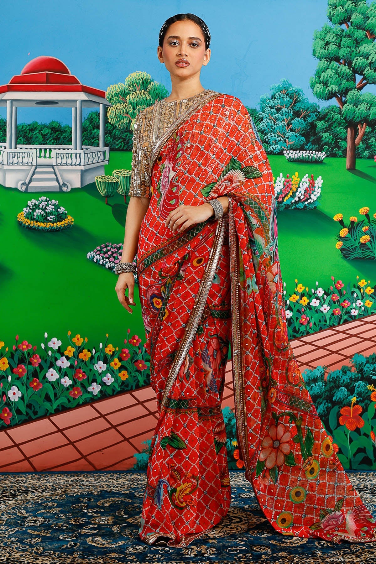 Buy Orange Floral Motifs Saree Set for women by Saksham Neharicka online available at scrollnshops