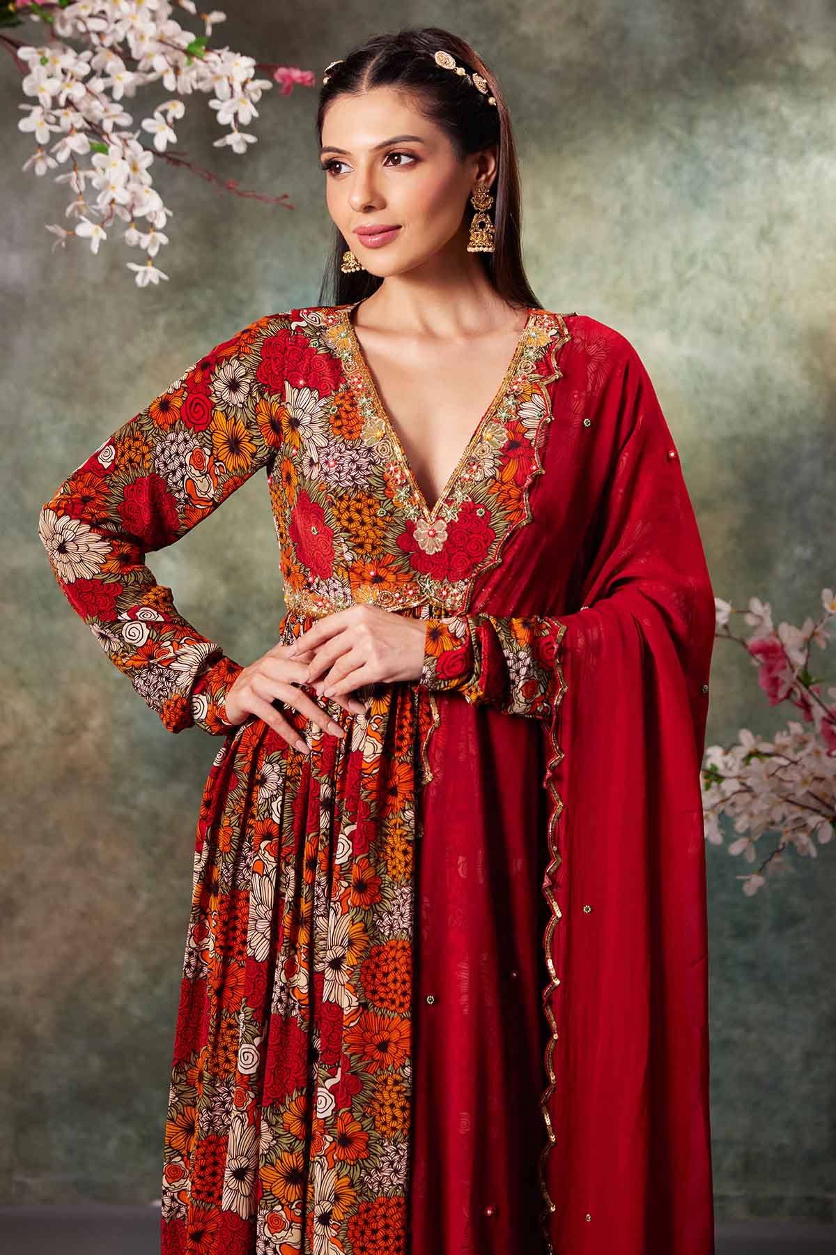 Orange Floral Print Anarkali Set