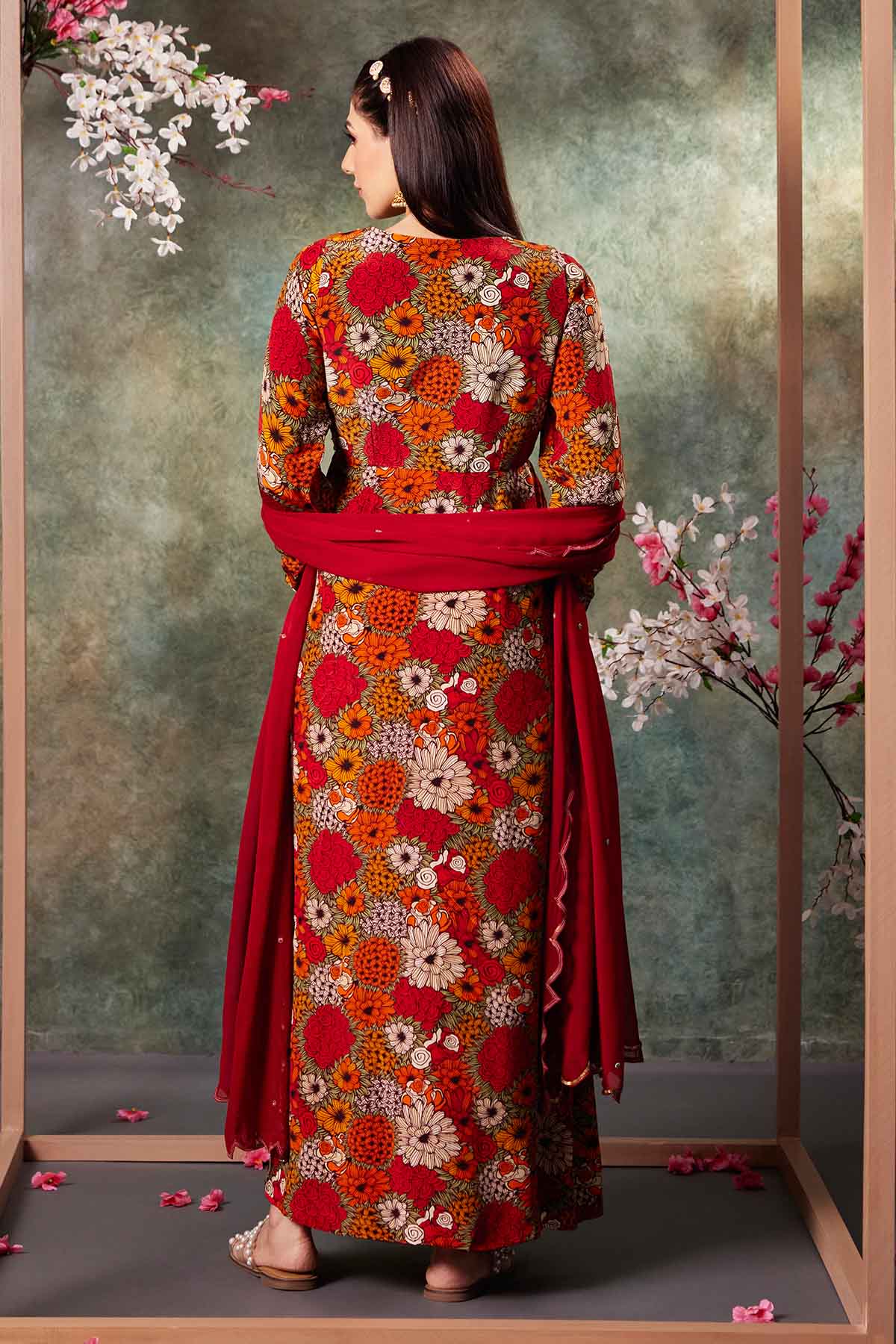 Orange Floral Print Anarkali Set