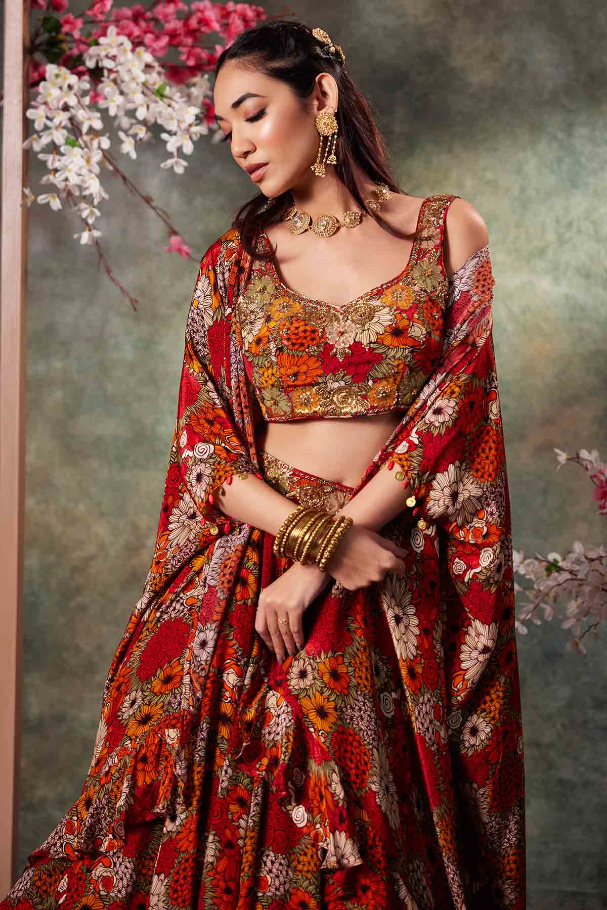 Orange Floral Print Lehenga Set