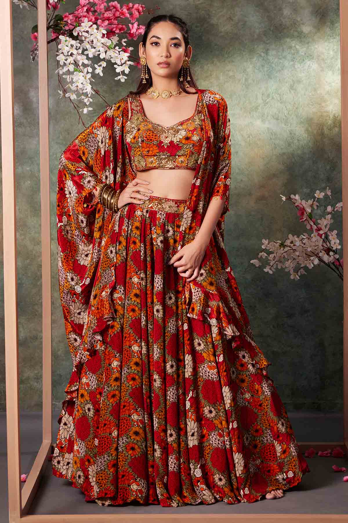 Buy Orange Floral Print Lehenga Set by Mehak Murpana for women online at ScrollnShops