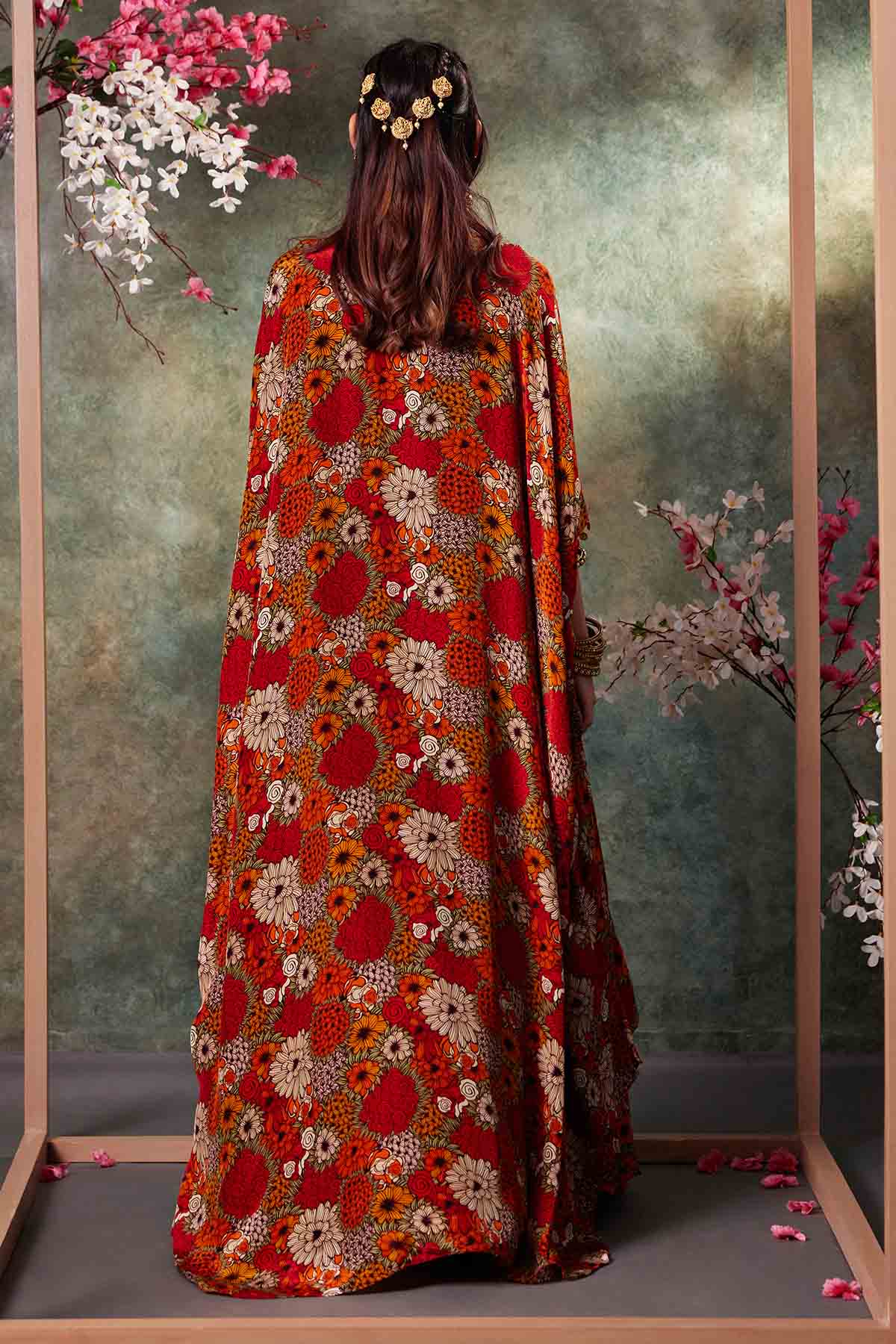 Orange Floral Print Lehenga Set