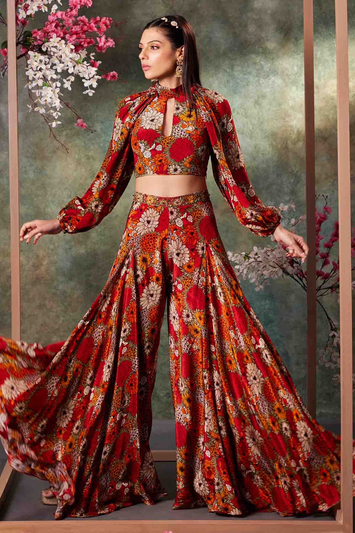 Orange Floral Print Top & Pants