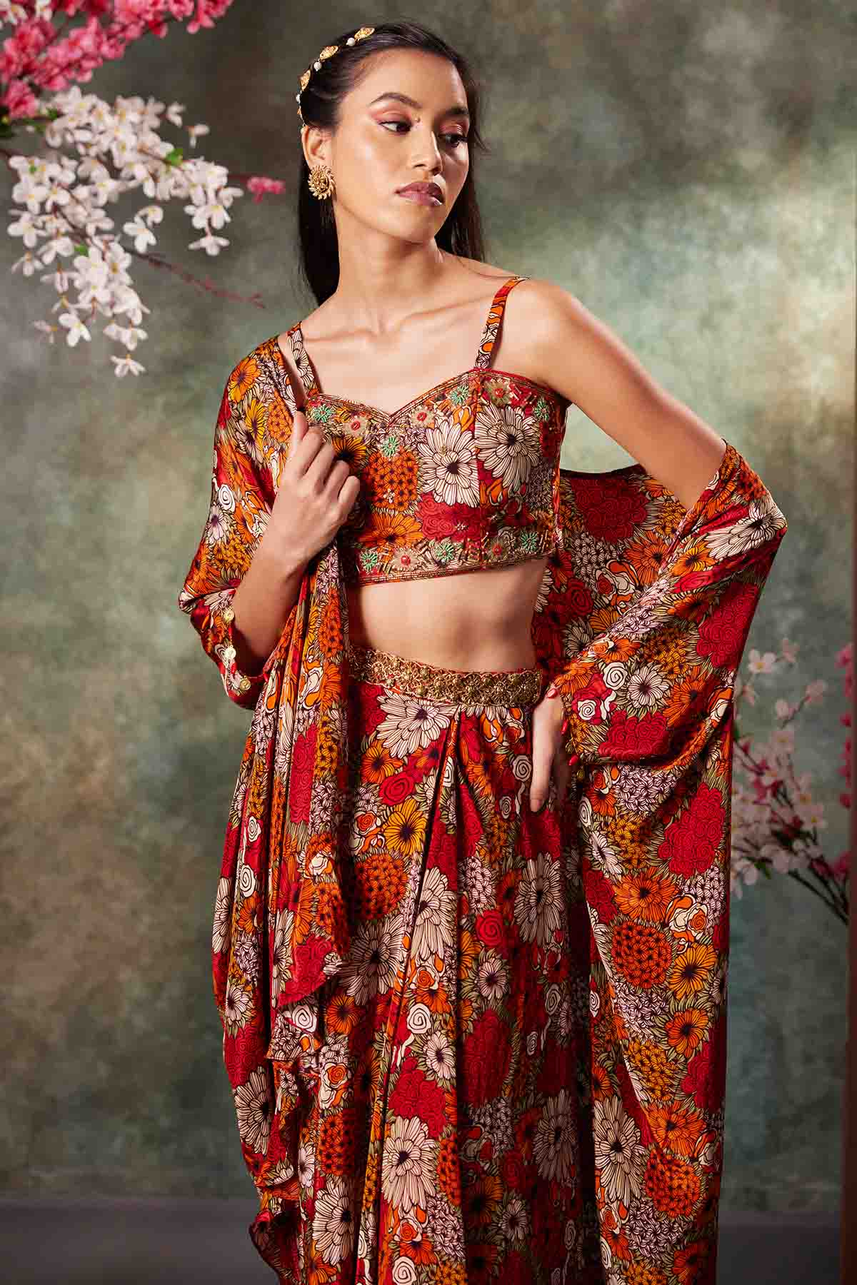 Orange Floral Printed Skirt Set