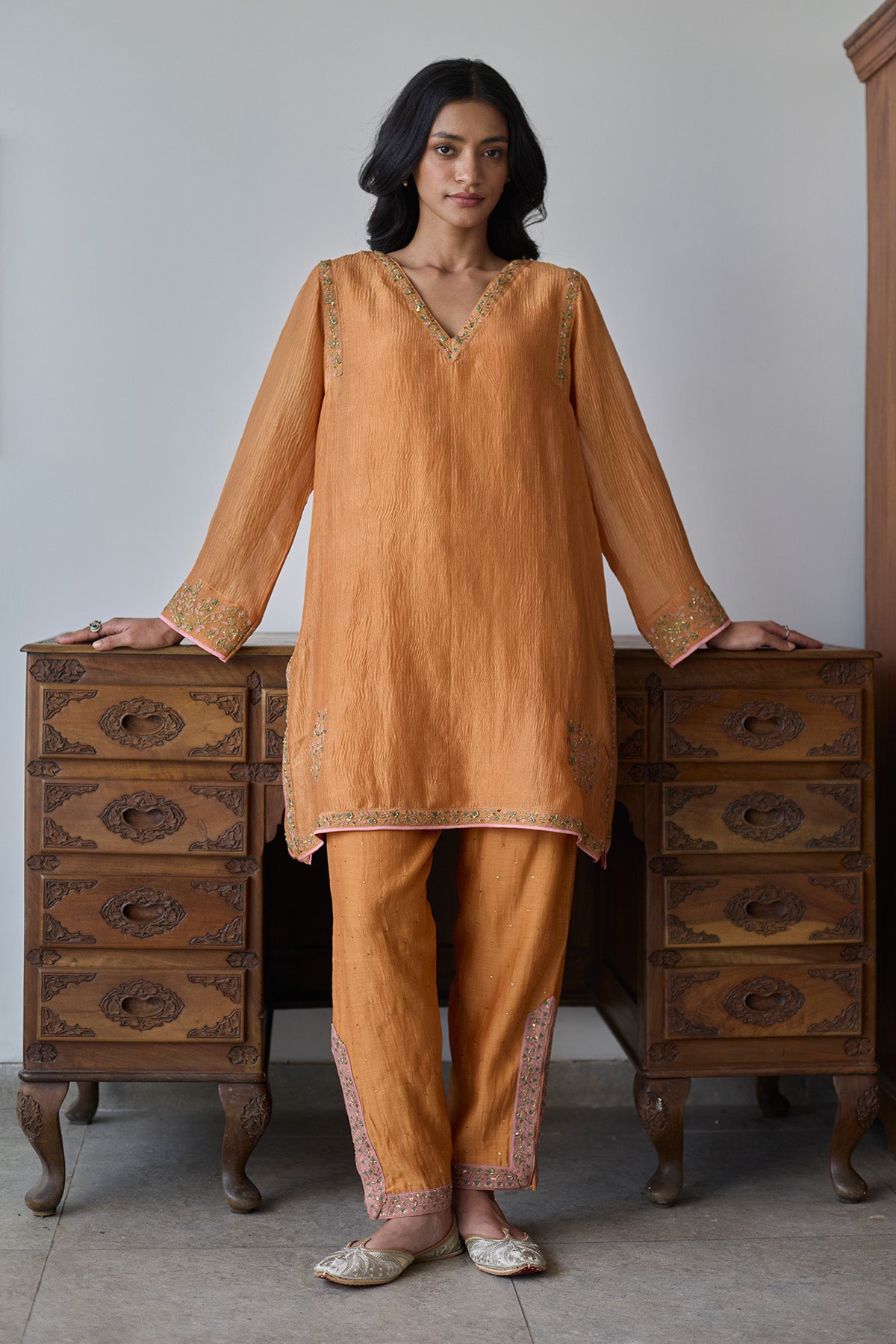 Orange Floral V-Neck Kurta Set