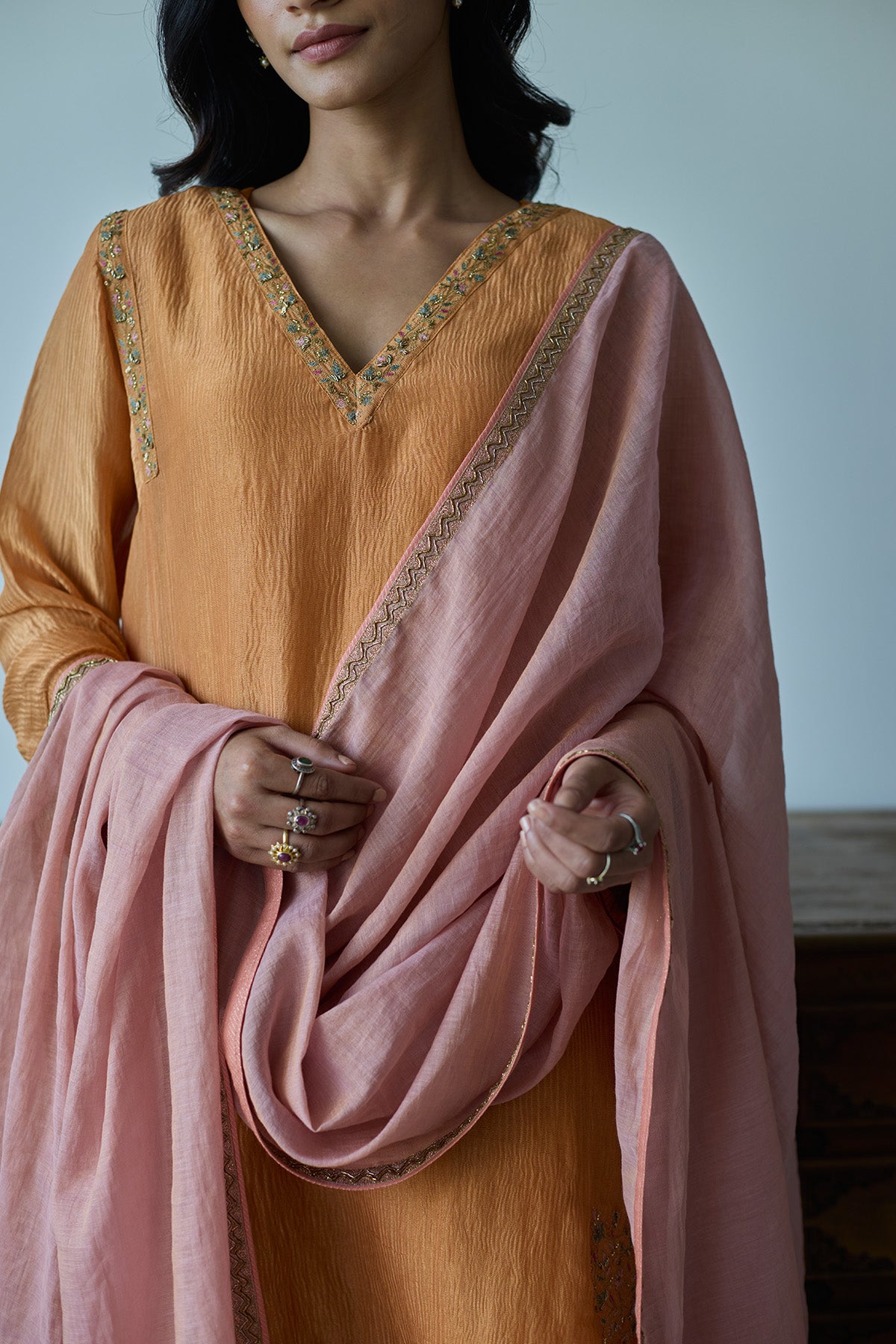 Orange Floral V-Neck Kurta Set