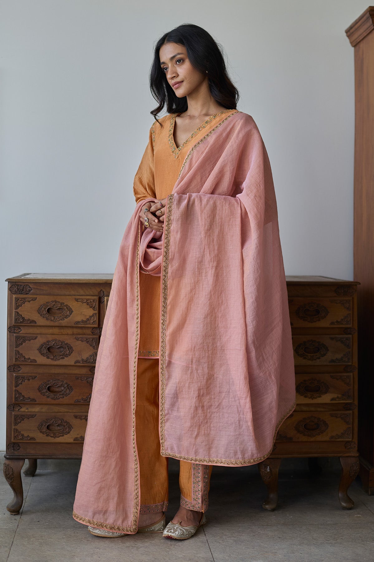 Buy Orange Floral V-Neck Kurta Set by Rhua for Women online at ScrollnShops