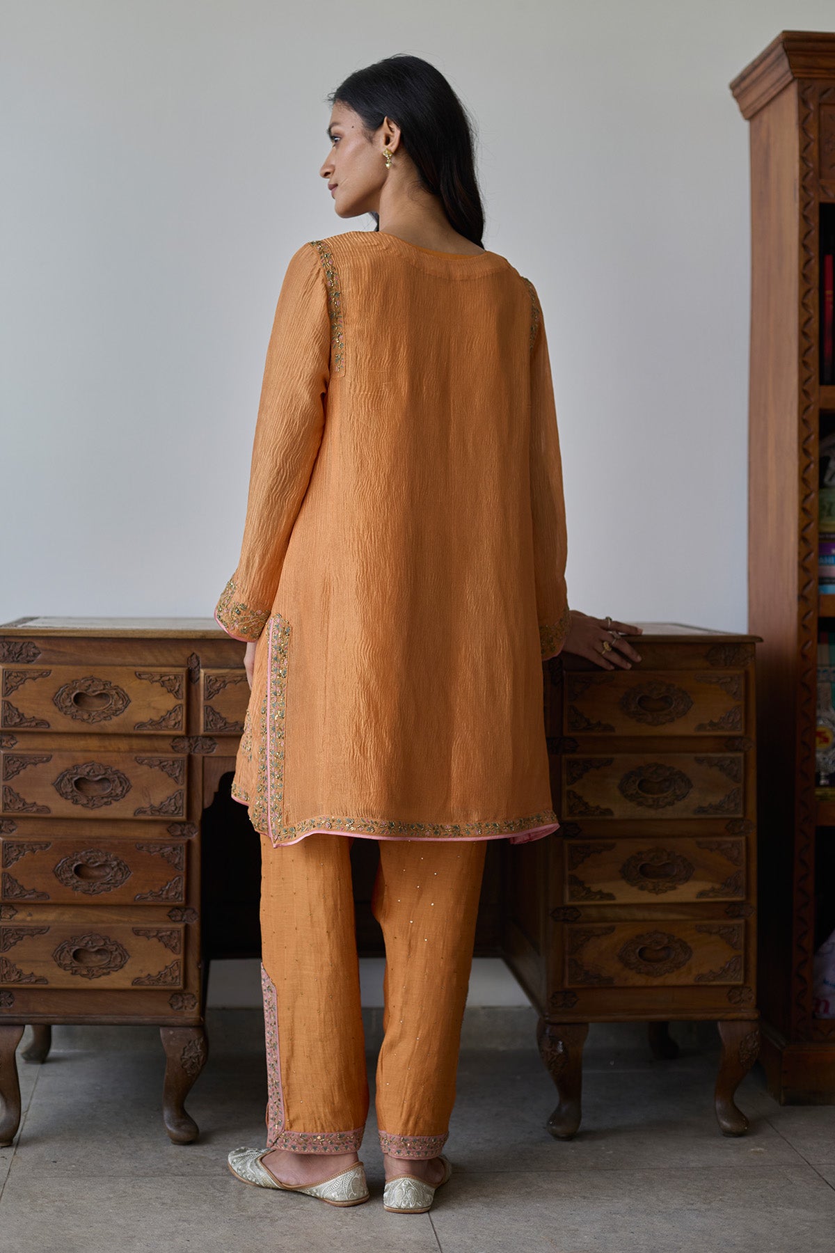 Orange Floral V-Neck Kurta Set