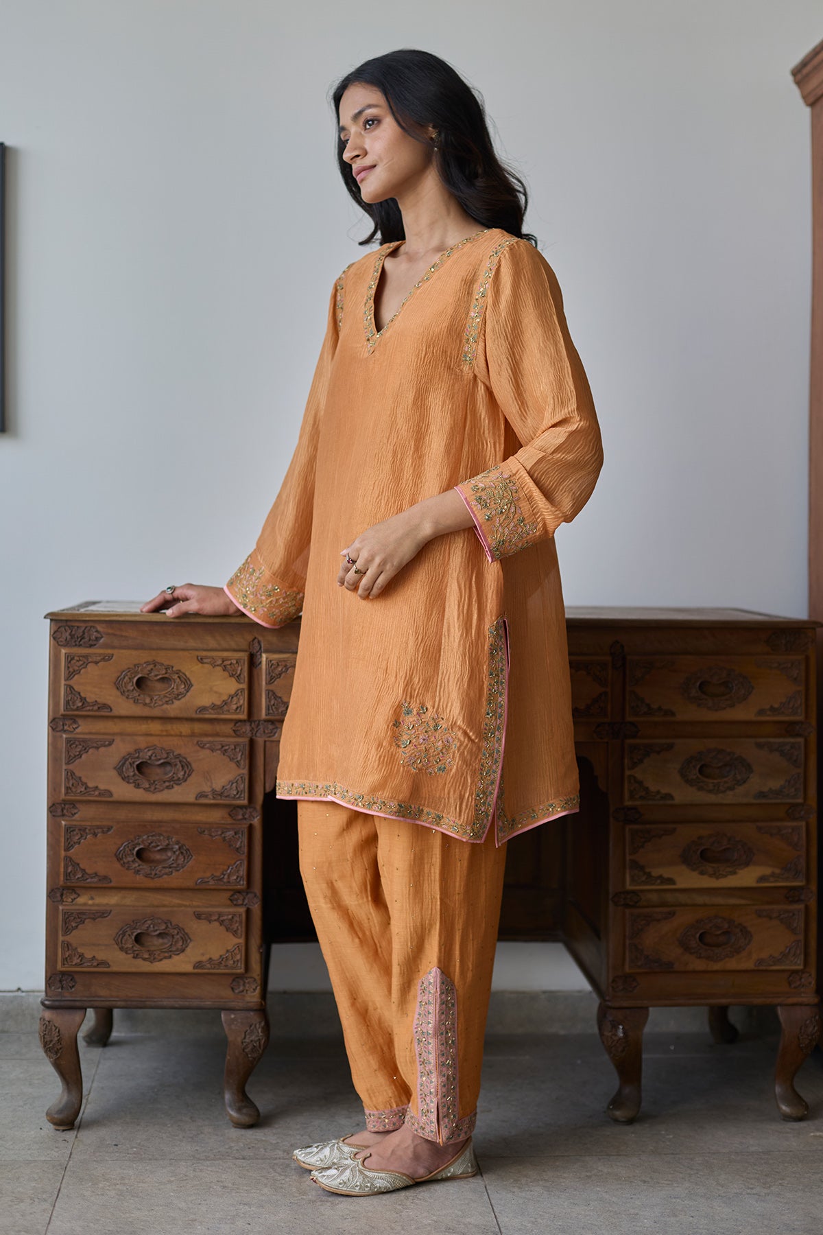 Orange Floral V-Neck Kurta Set