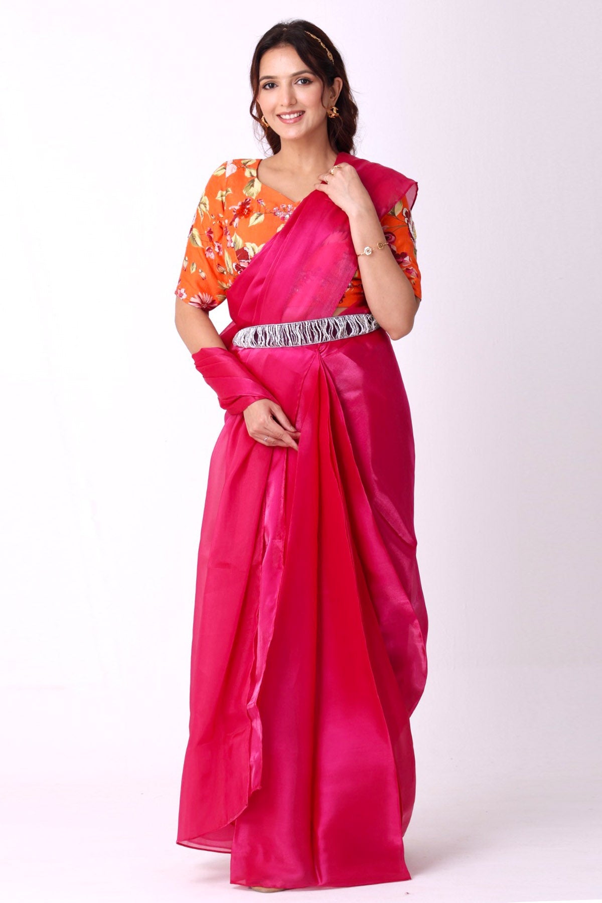 Buy Orange & Fuchsia Silk Saree Set for women by Namita Sharma Designer online available at scrollnshops