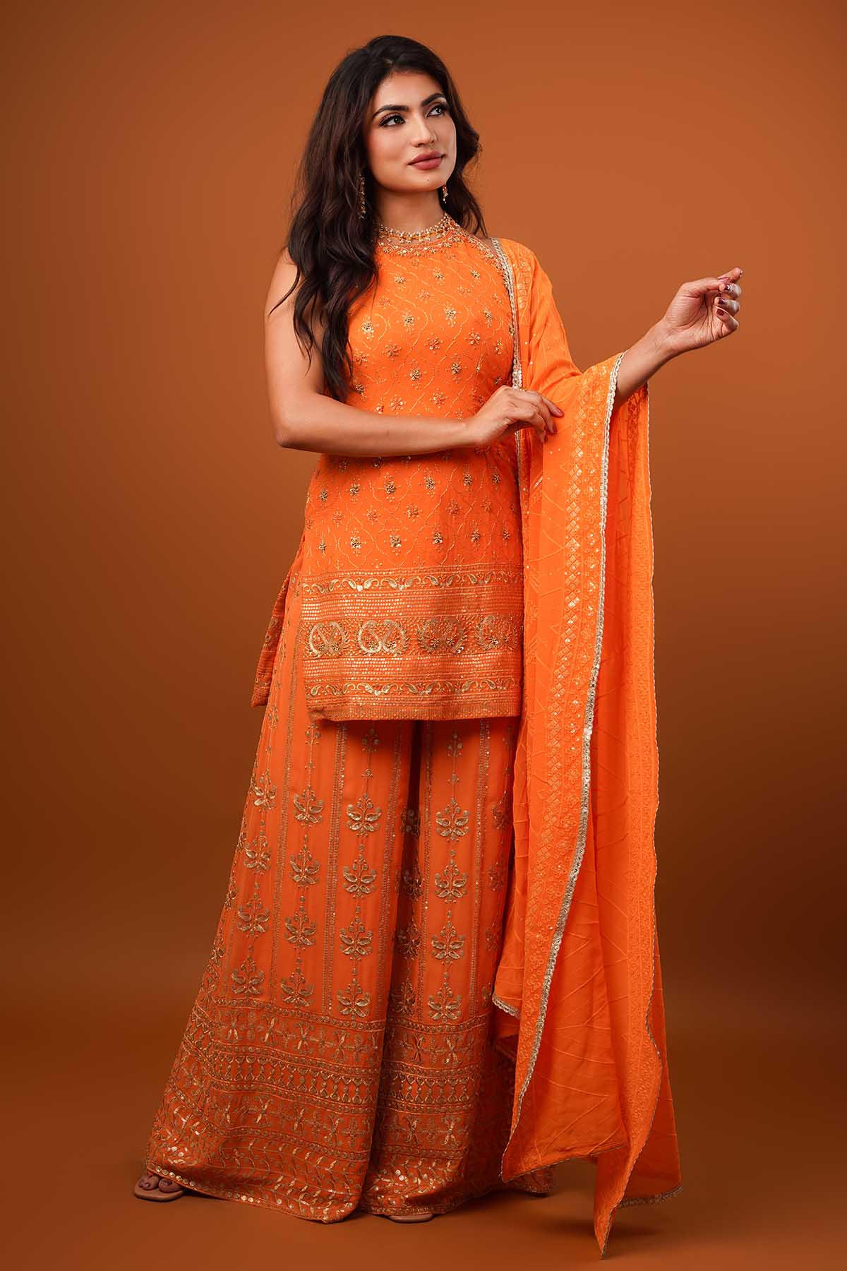 Ajay & Priyanka Orange Georgette Sharara Set for women online at ScrollnShops