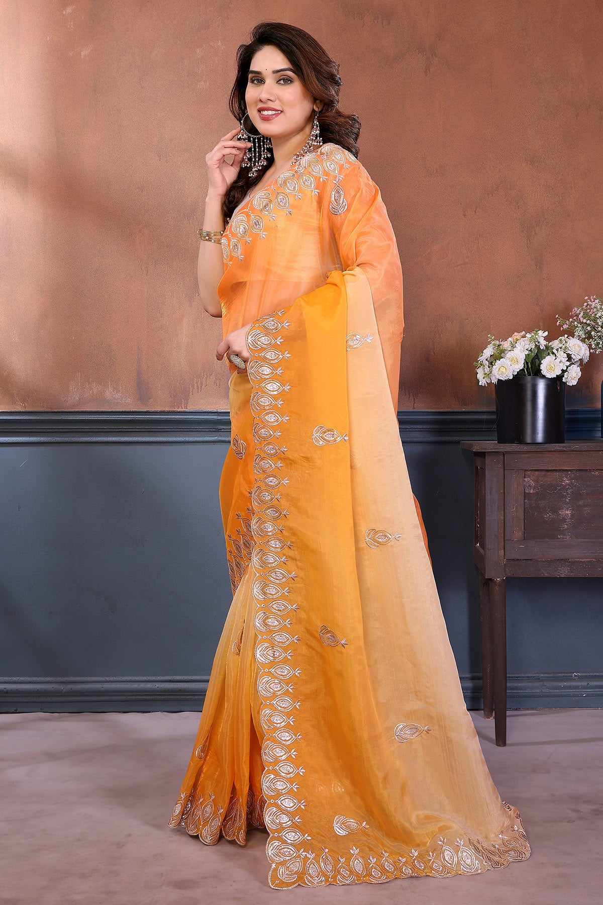Orange Gold Crush Gota Saree