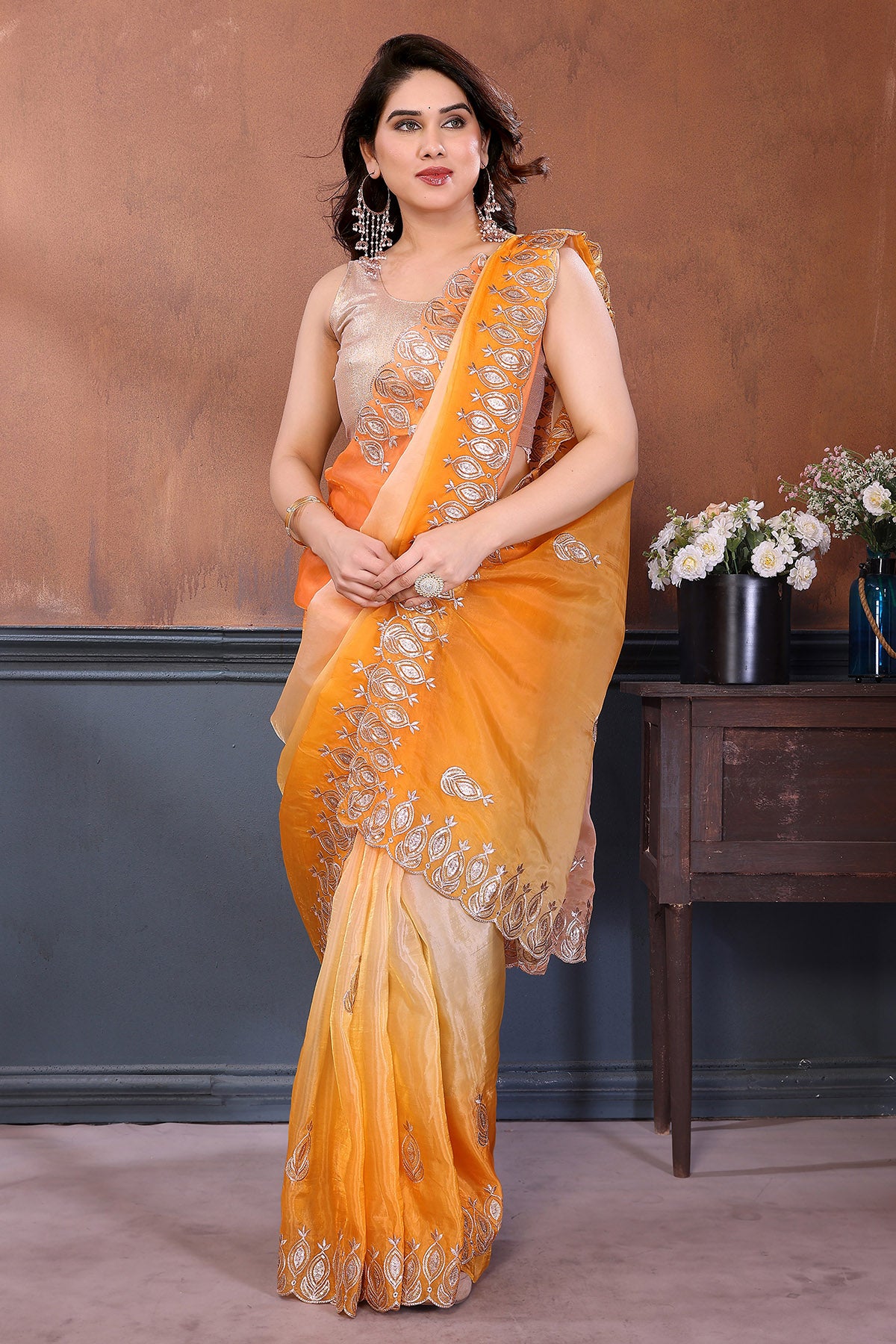 Orange Gold Crush Gota Saree