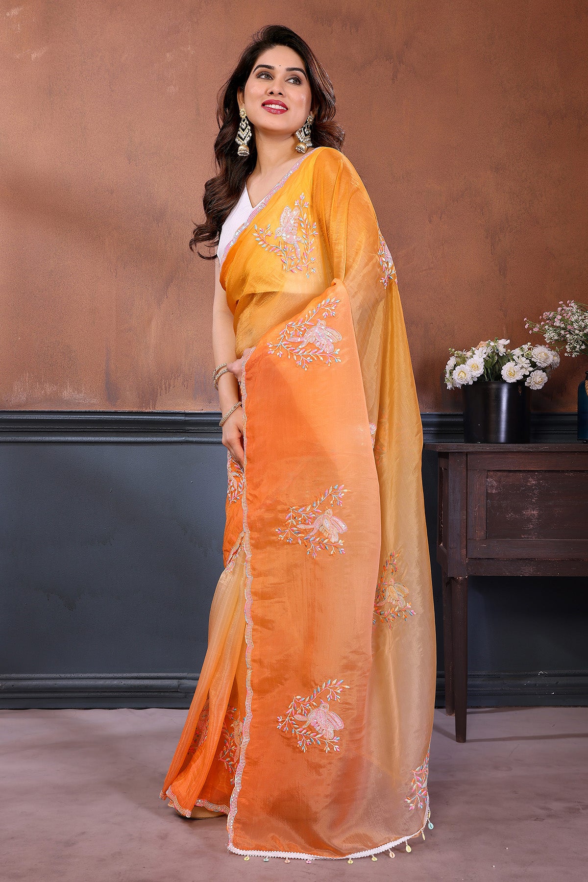 Orange Gold Crush Roto Saree