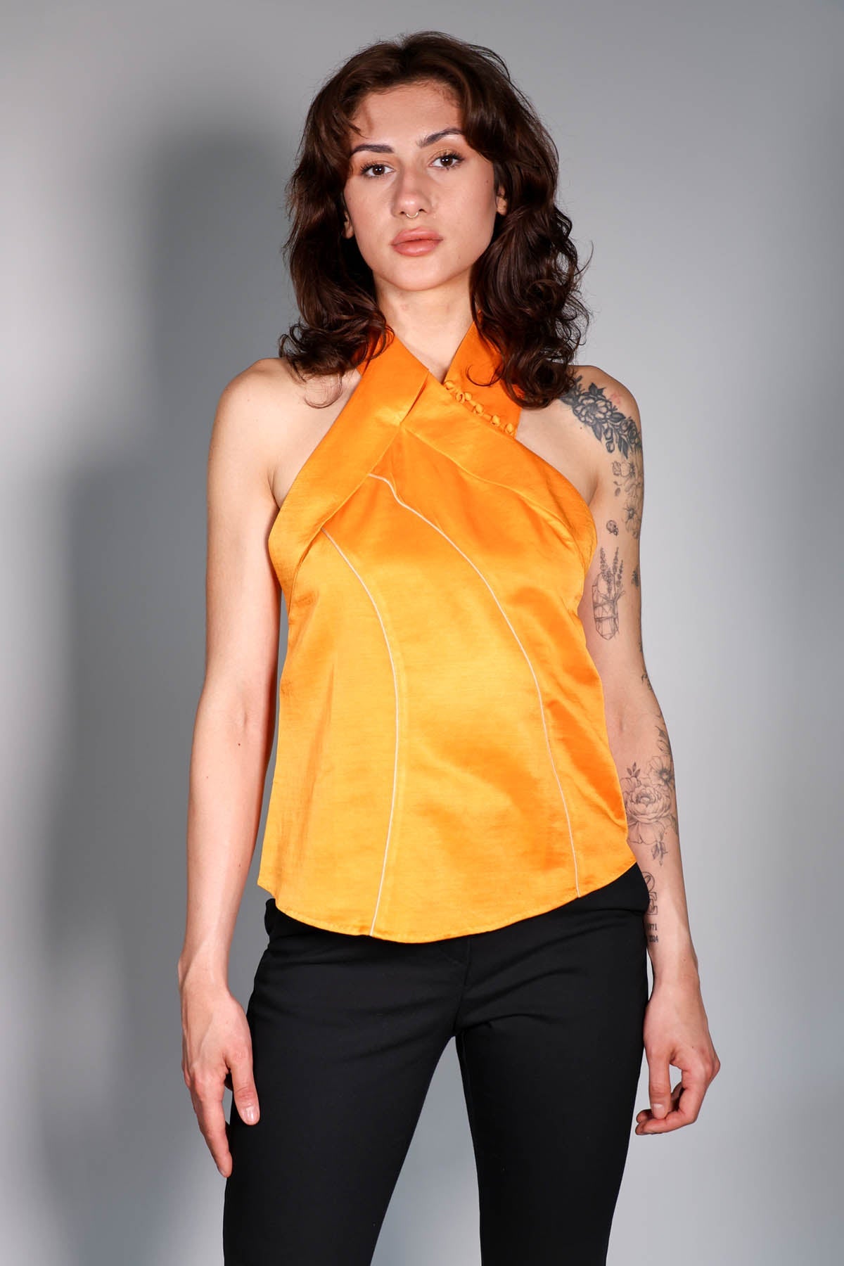 Arya Giri Orange Halter Neck Backless Top for women online at ScrollnShops