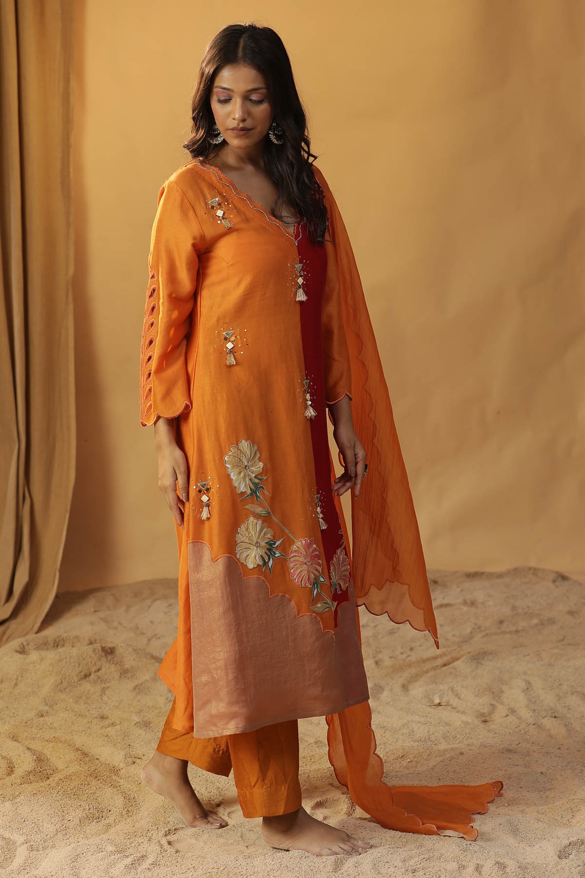 Orange Hand Painted Kurta Set
