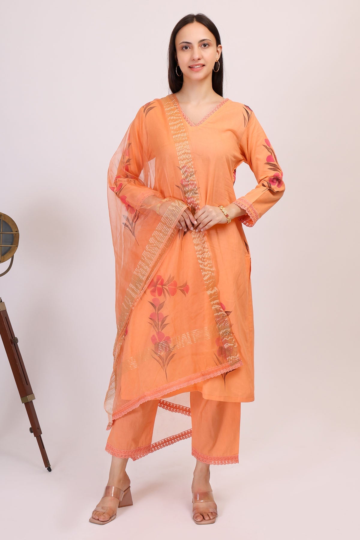 Simply Kitsch Hand Painted Orange Kurta Set for women online at ScrollnShops