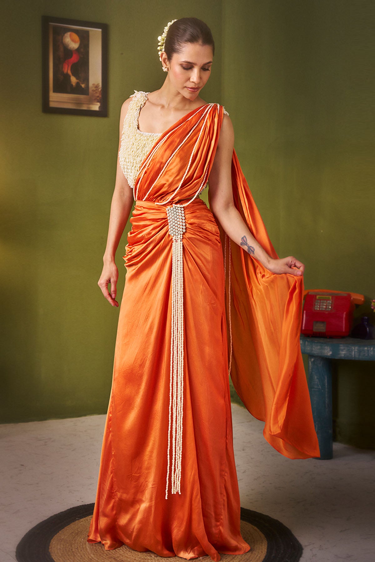 Orange Heavy Satin Draped Saree