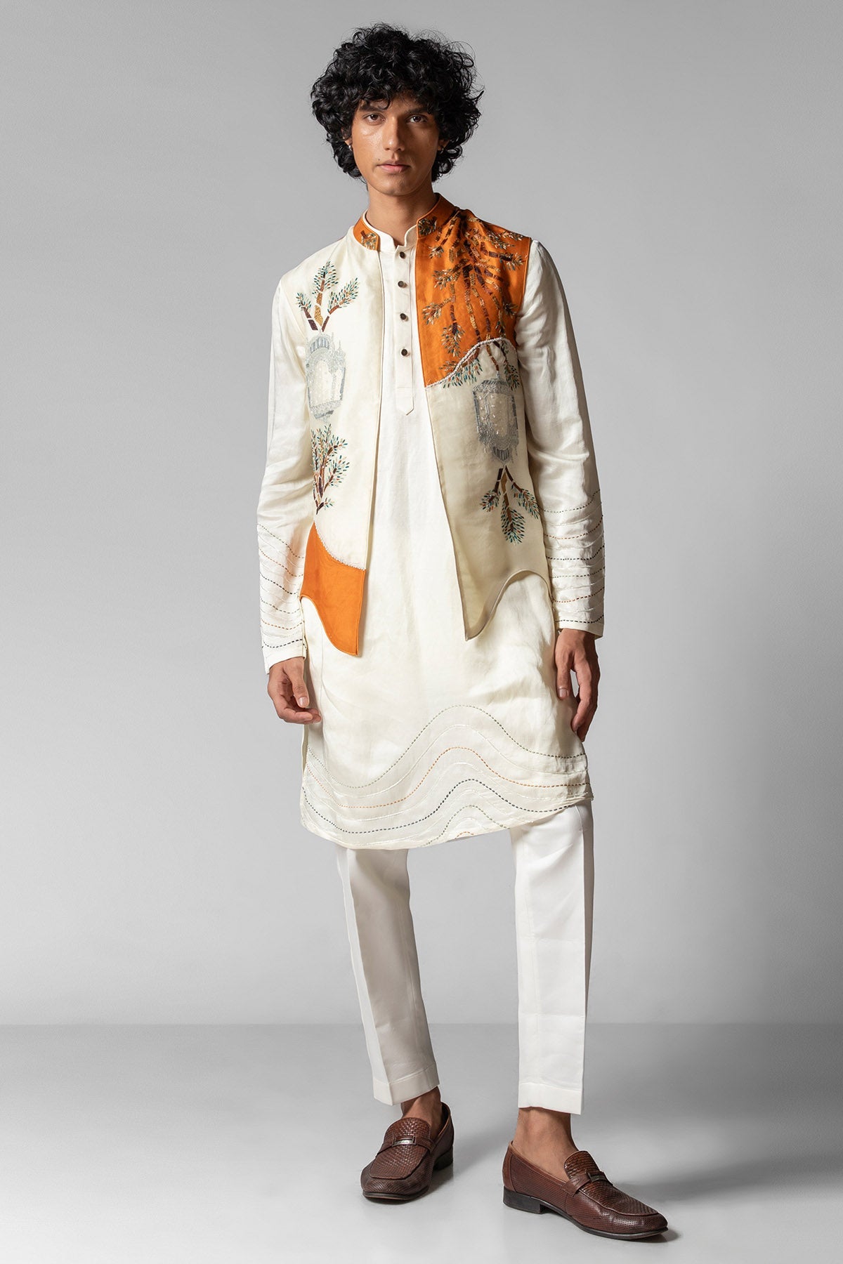 Buy Orange & Ivory Resham Kurta Set for men by Paarsh Atelier online available at scrollnshops