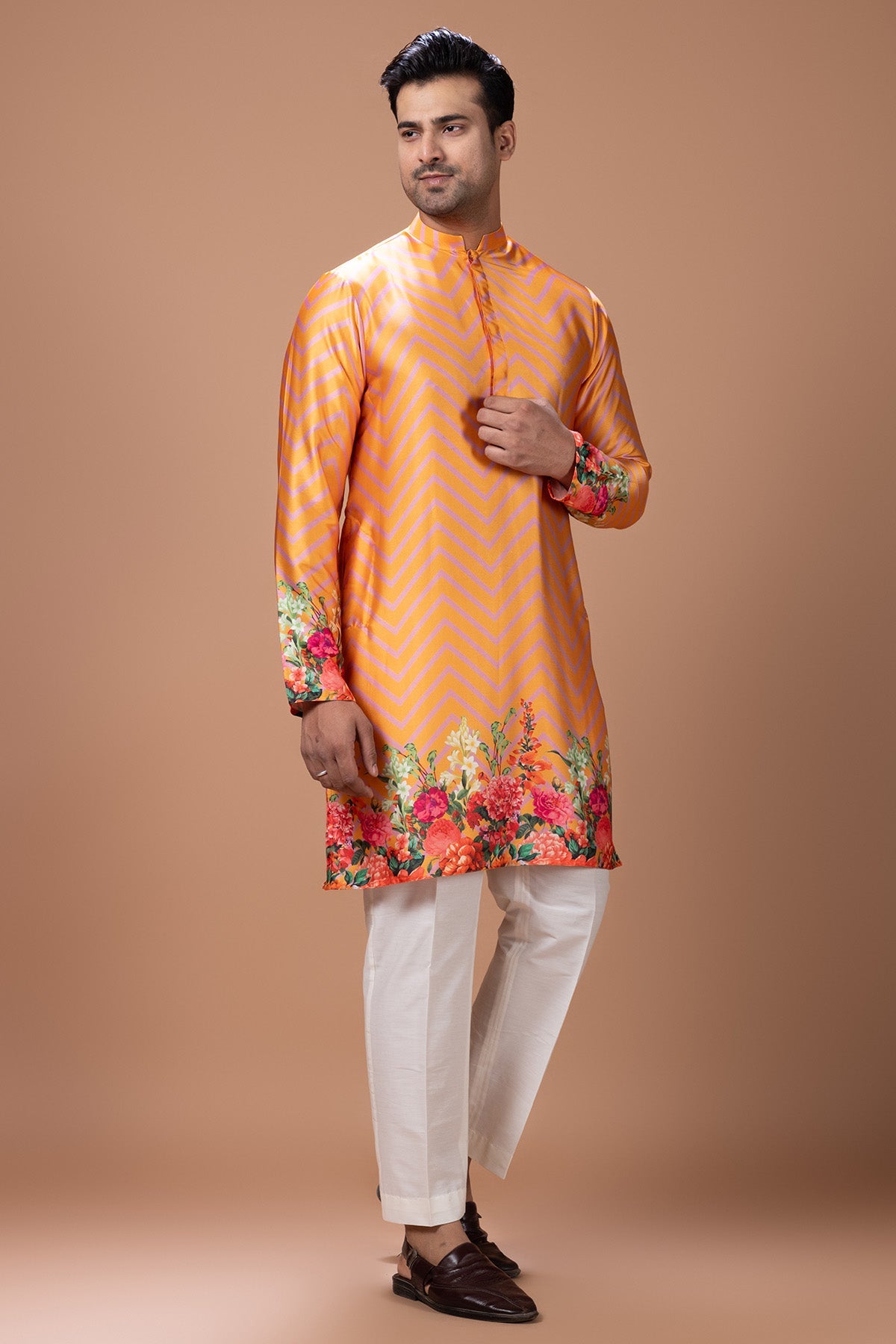 Buy Orange Japan Satin Kurta & Pant for men by Priyanka Haralalka online available at scrollnshops