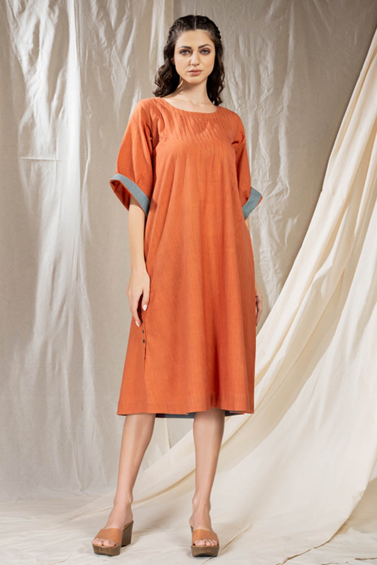 Thread Game Orange Khadi Pintuck Midi Dress for women online at ScrollnShops