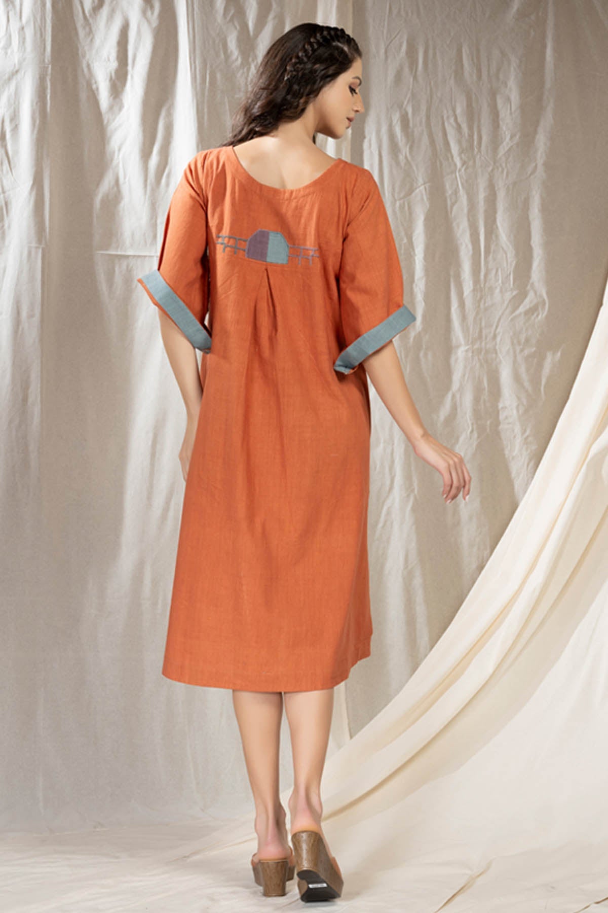 Orange Handwoven Cotton Midi Dress