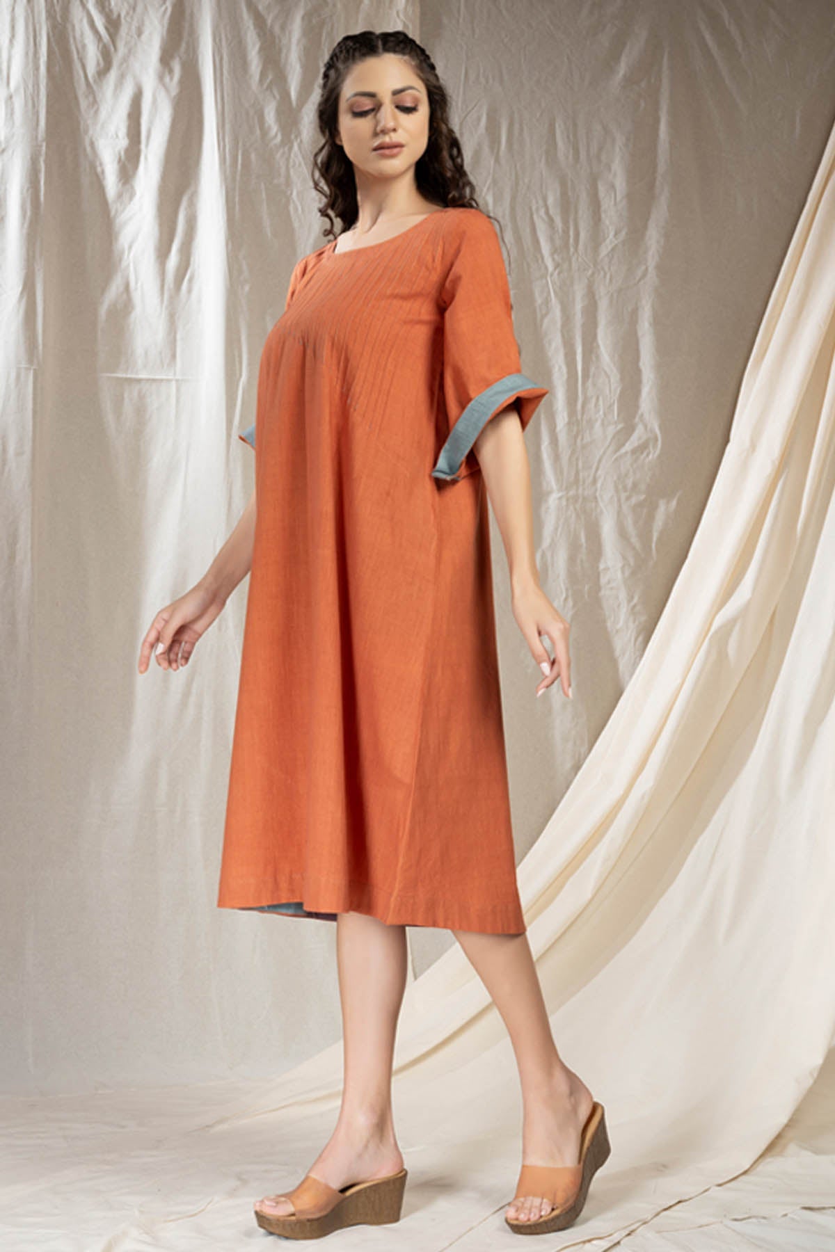 Orange Handwoven Cotton Midi Dress