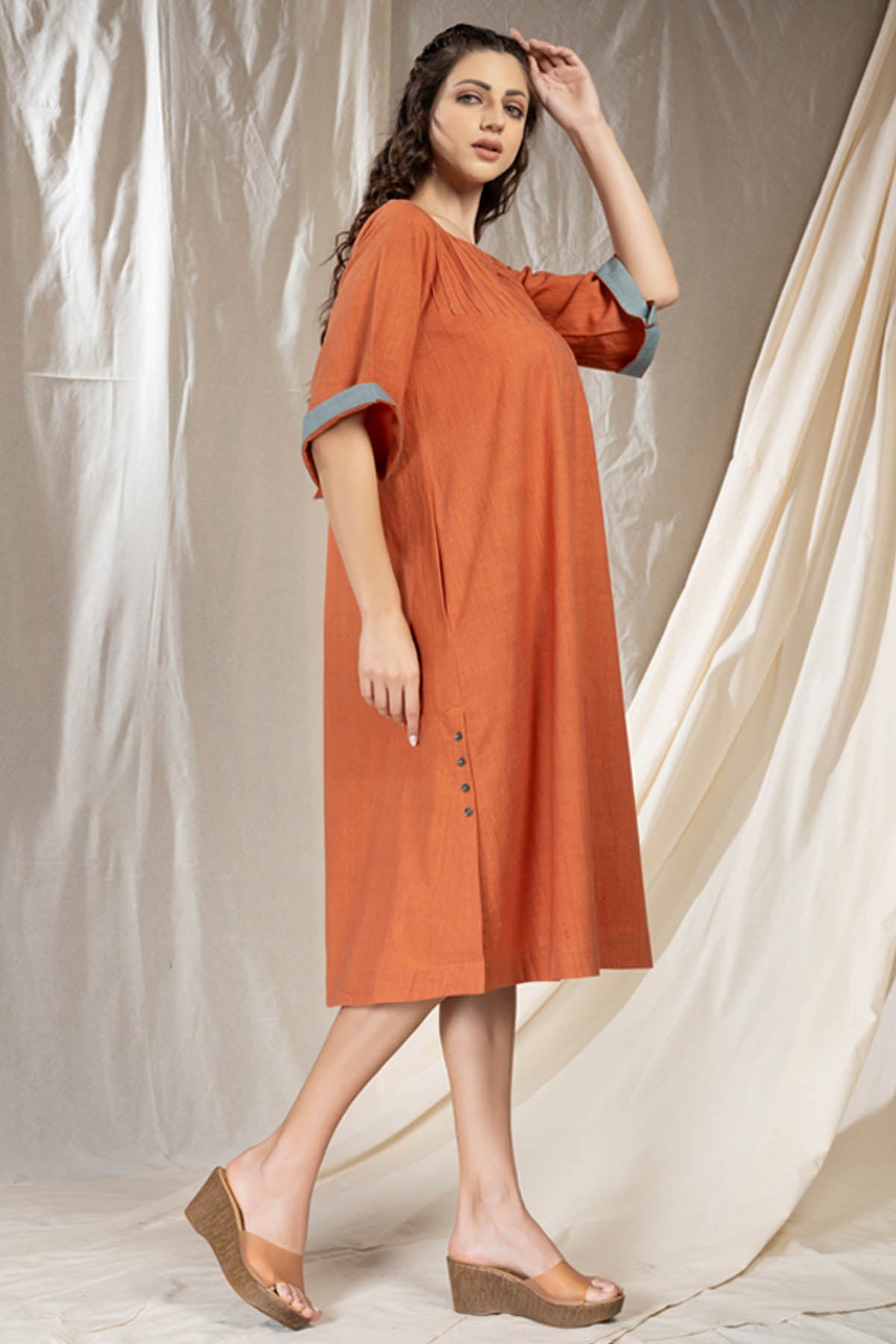 Orange Handwoven Cotton Midi Dress