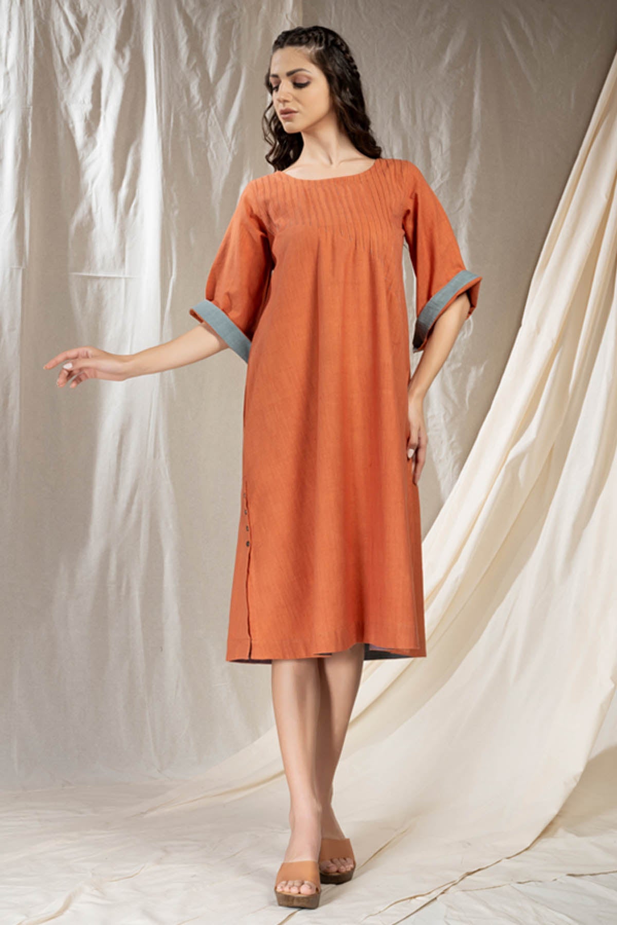 Orange Handwoven Cotton Midi Dress