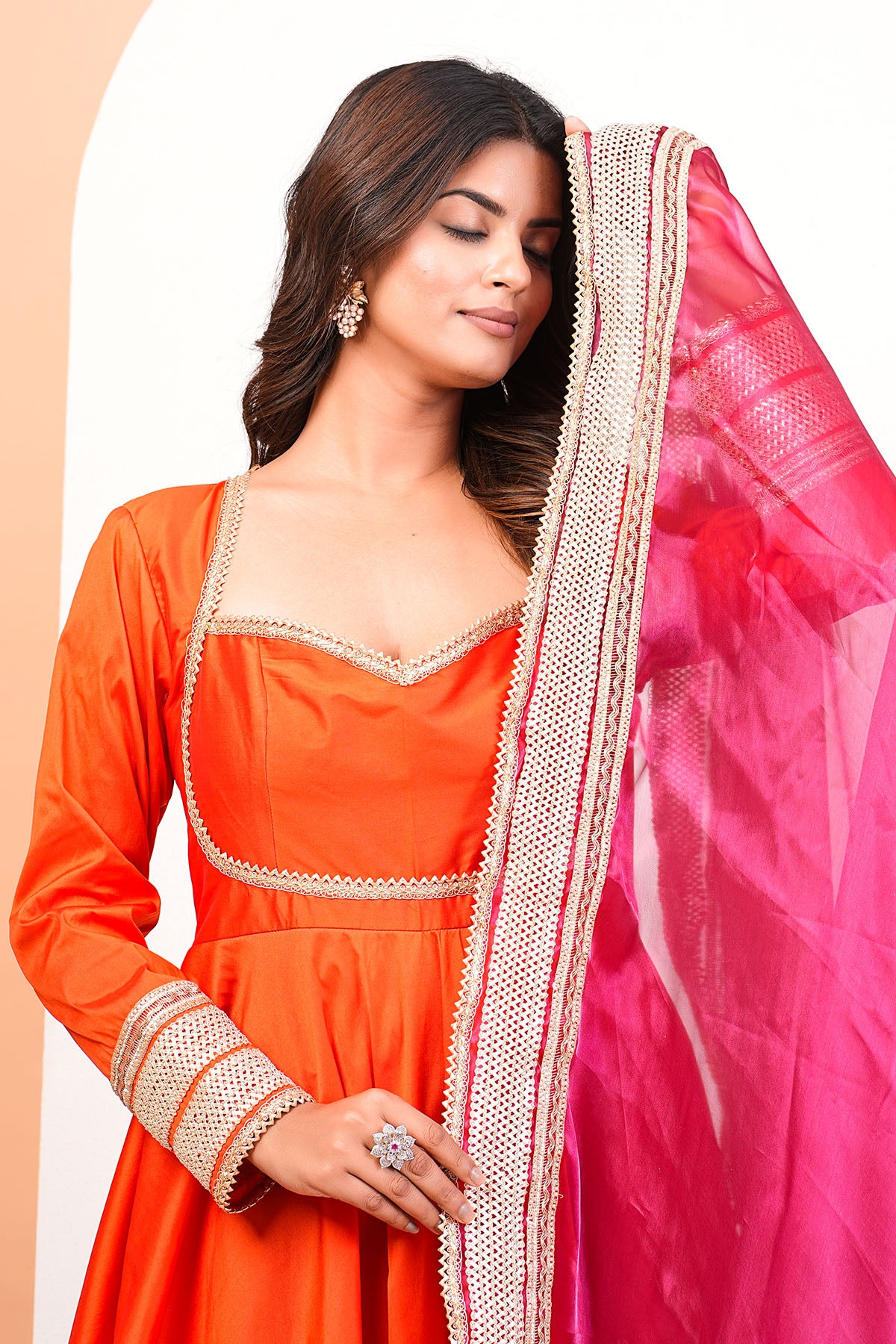 Orange Lace Detail Anarkali Set