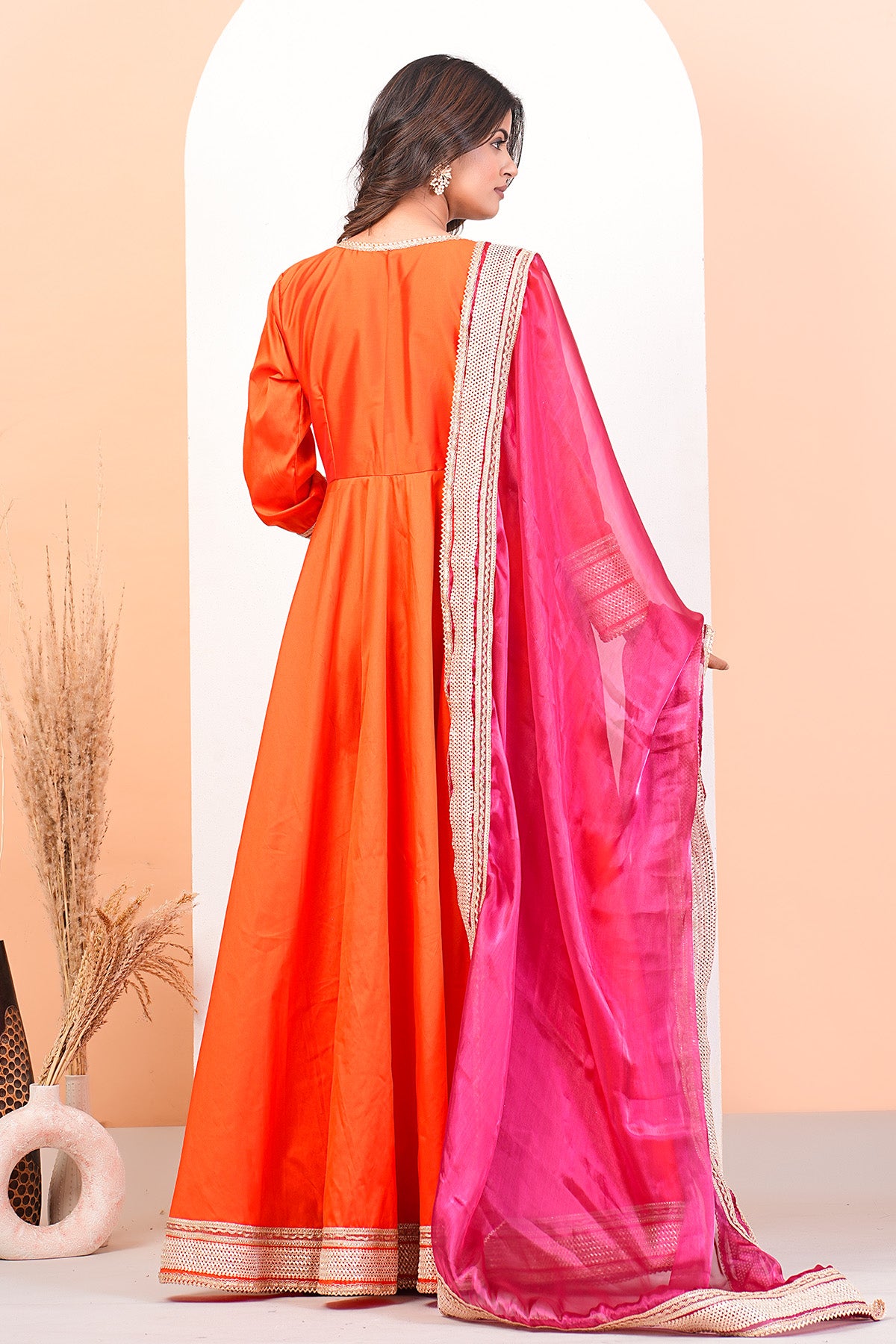 Orange Lace Detail Anarkali Set