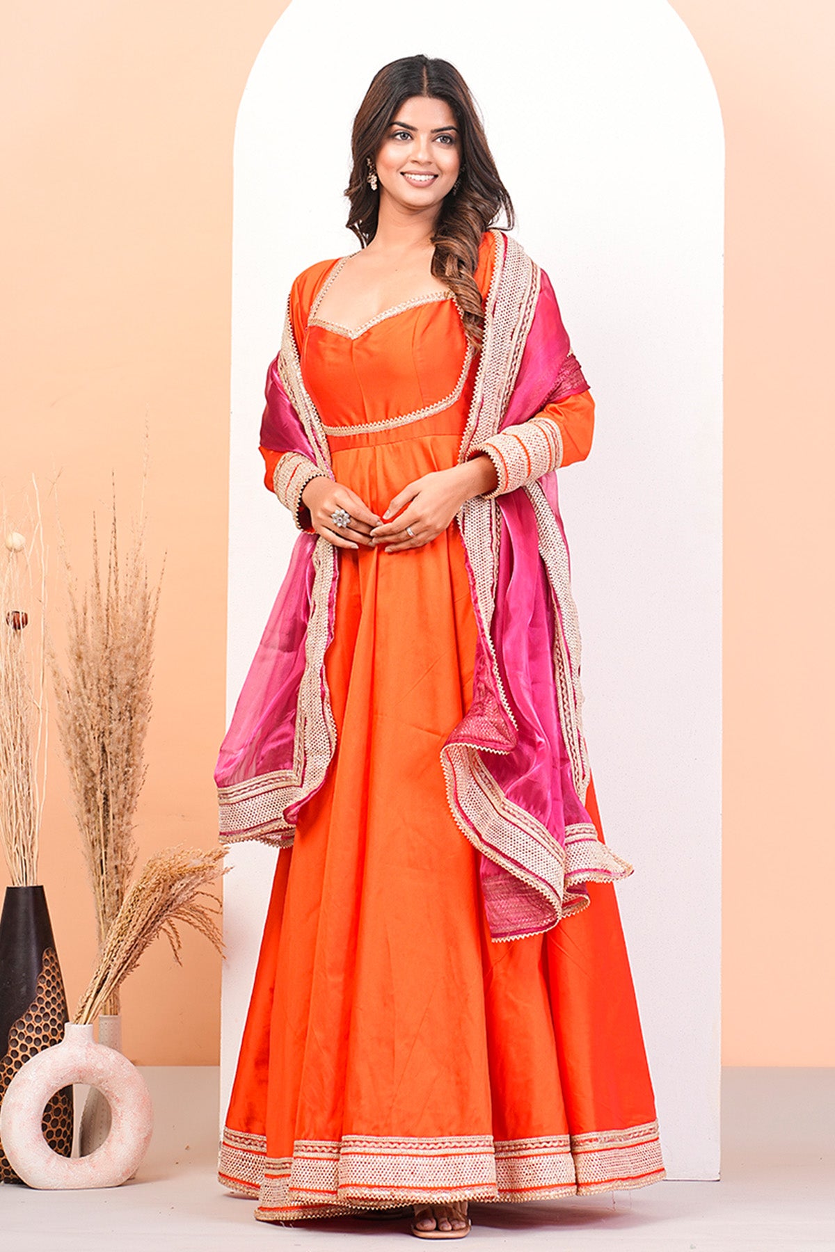 Orange Lace Detail Anarkali Set