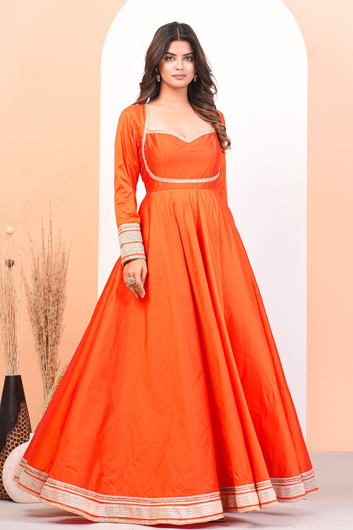 Orange Lace Detail Anarkali Set