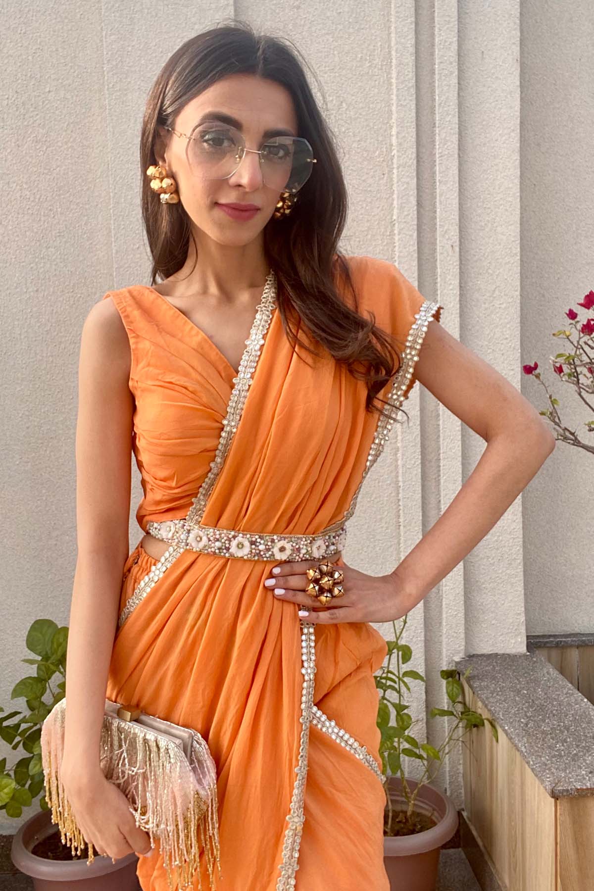 Orange Lace Pre-Draped Saree