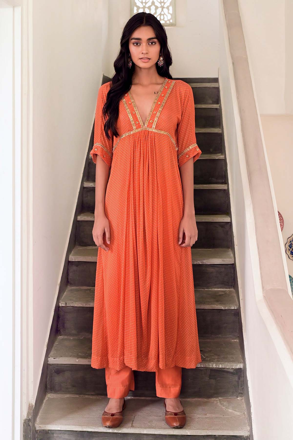 Orange Lace V-Neck Kurta Set
