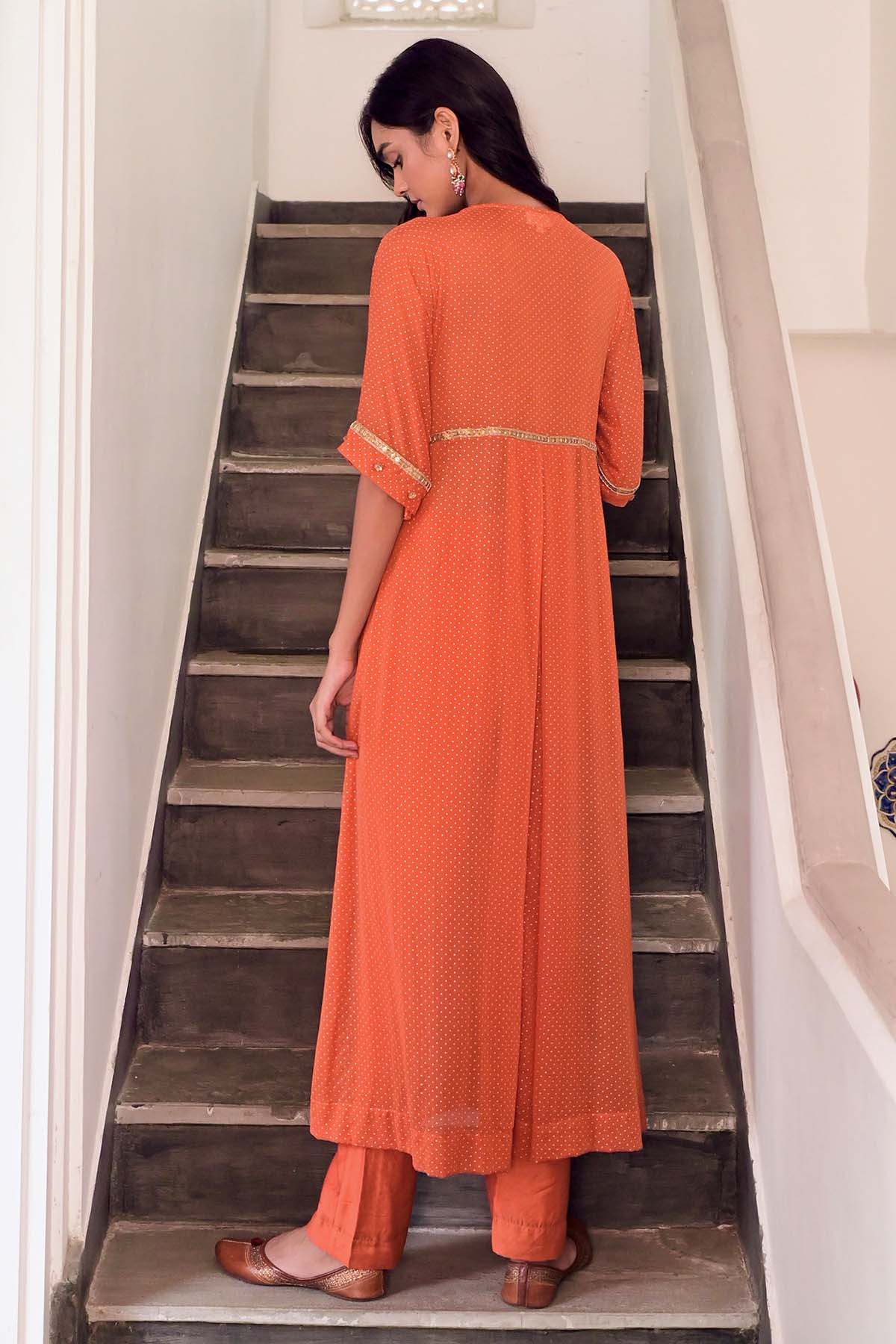 Orange Lace V-Neck Kurta Set