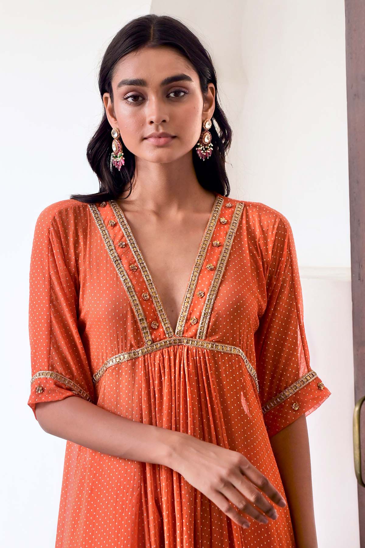 Orange Lace V-Neck Kurta Set