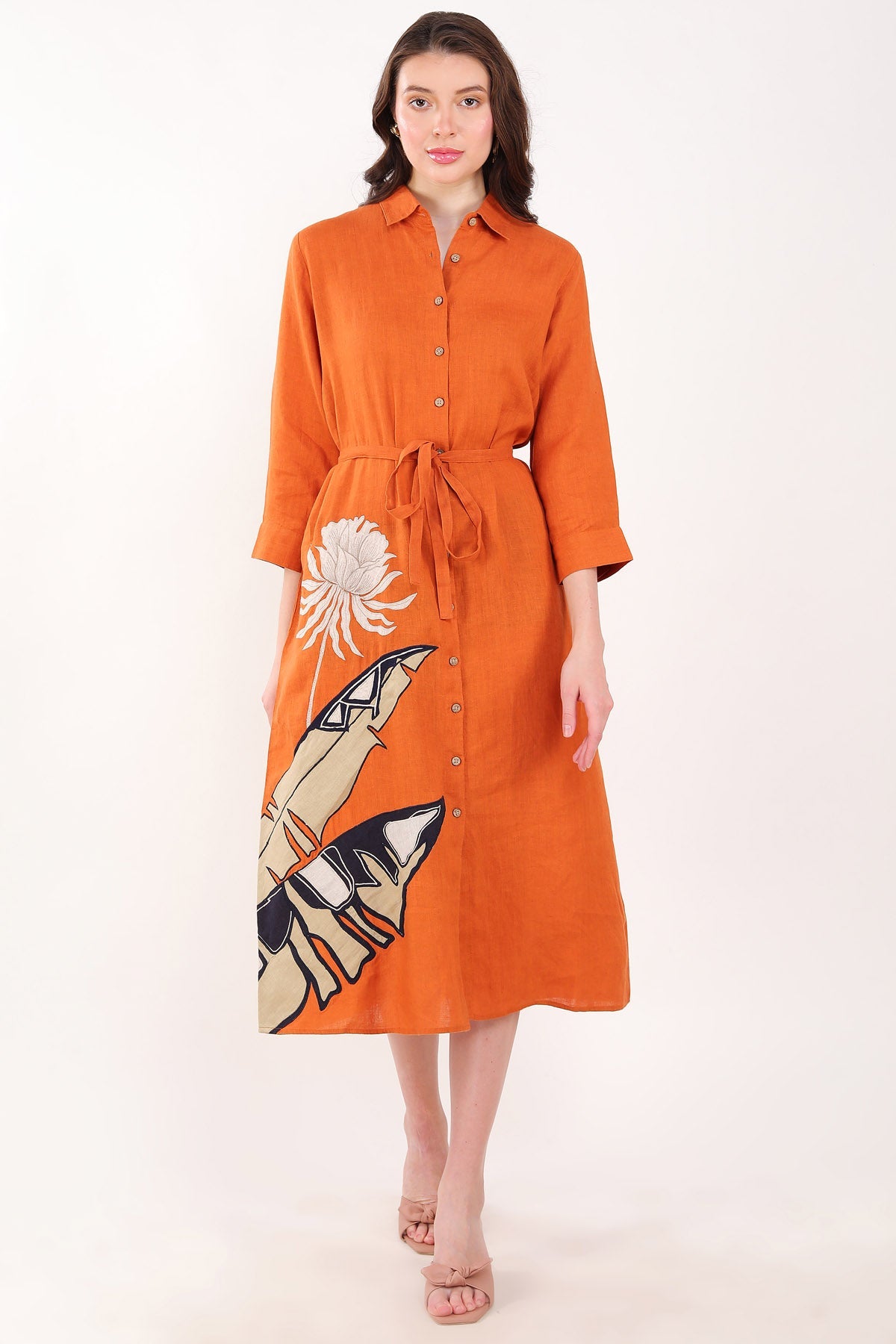 Buy Designer Orange Leaf Embroidered Dress Online