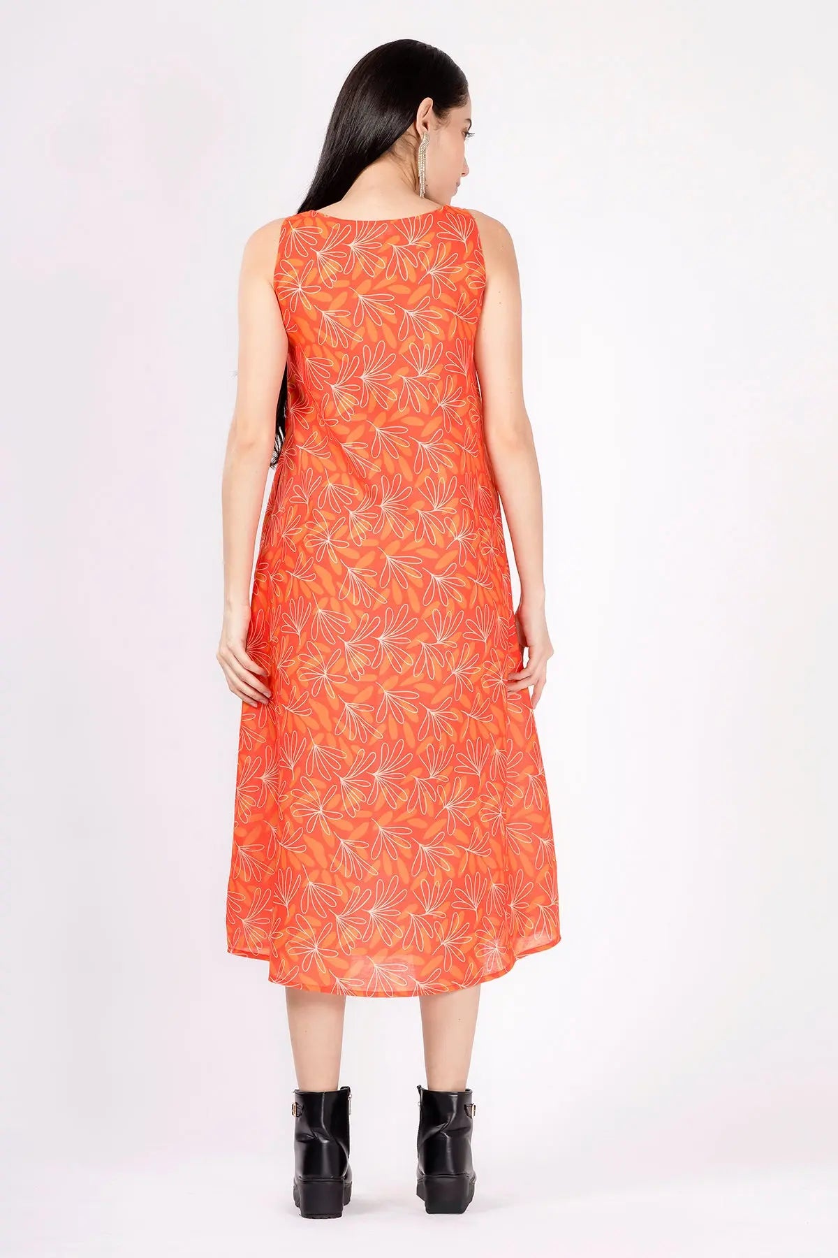 Orange Linen Print Midi Dress