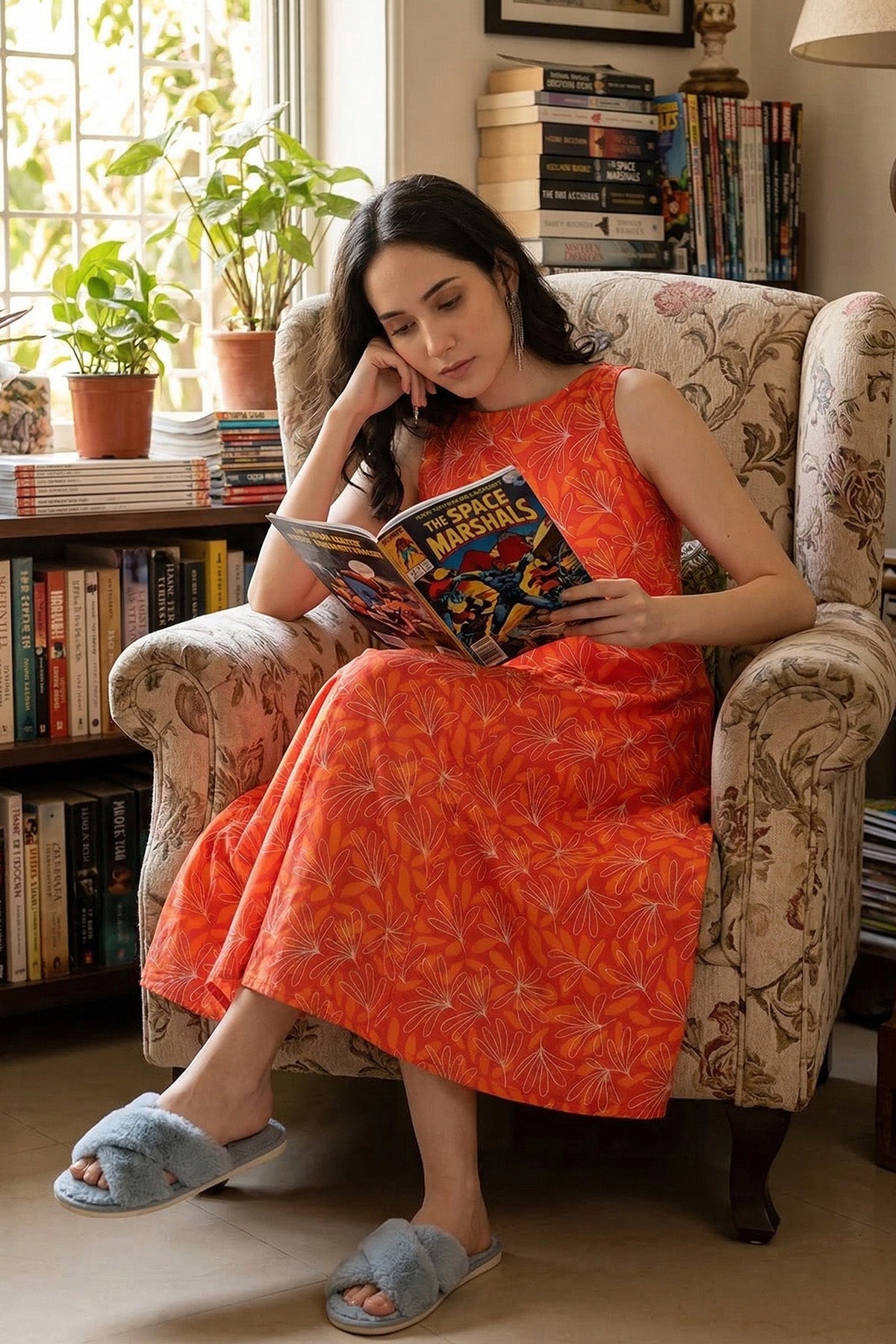 Orange Linen Print Midi Dress