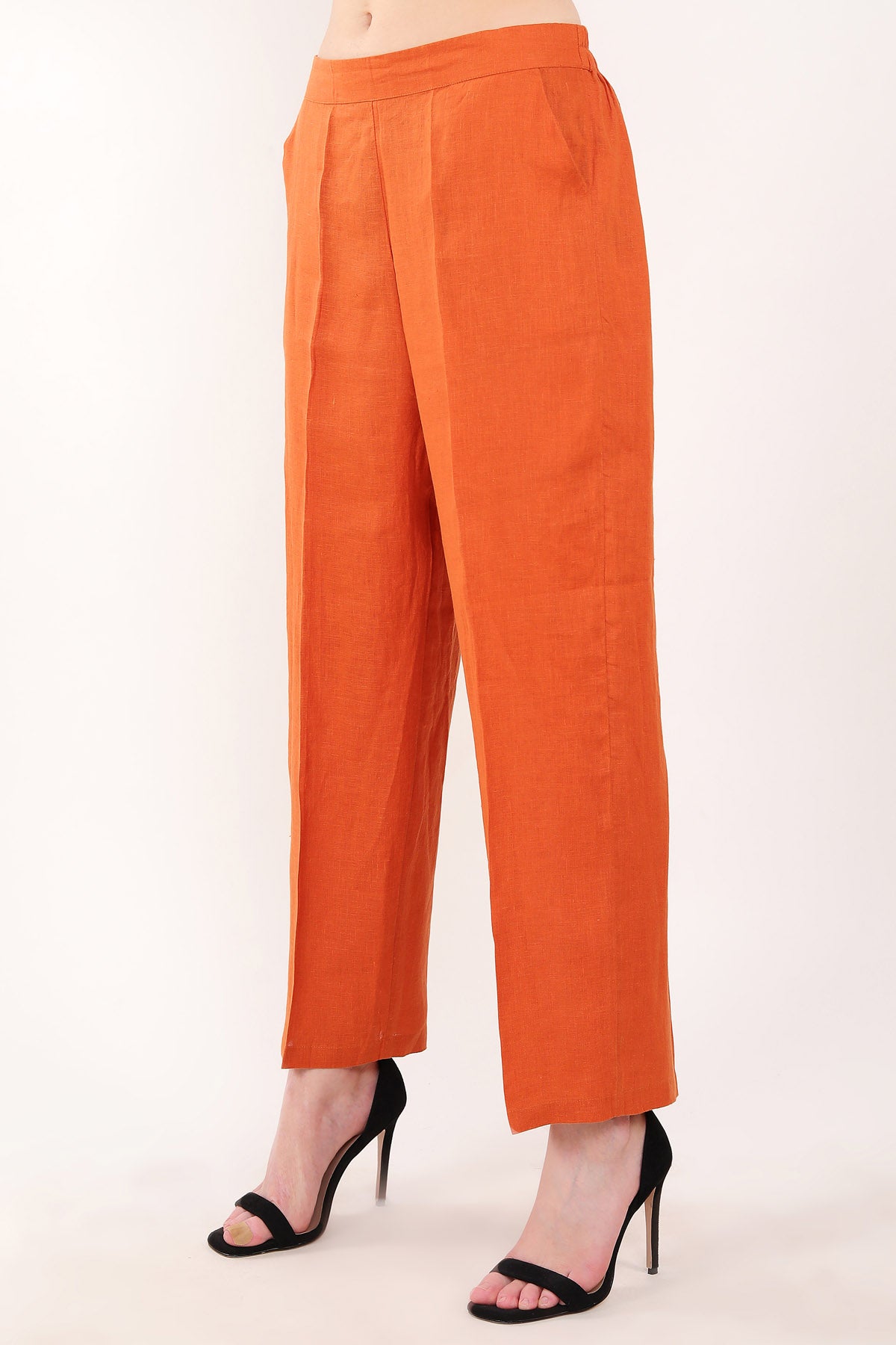 Orange Linen Straight Pants
