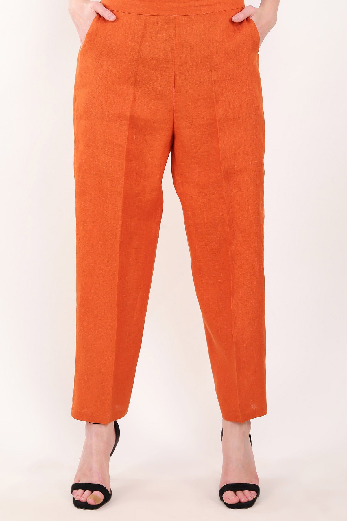Linen Bloom Orange Linen Straight Pants for women online at ScrollnShops