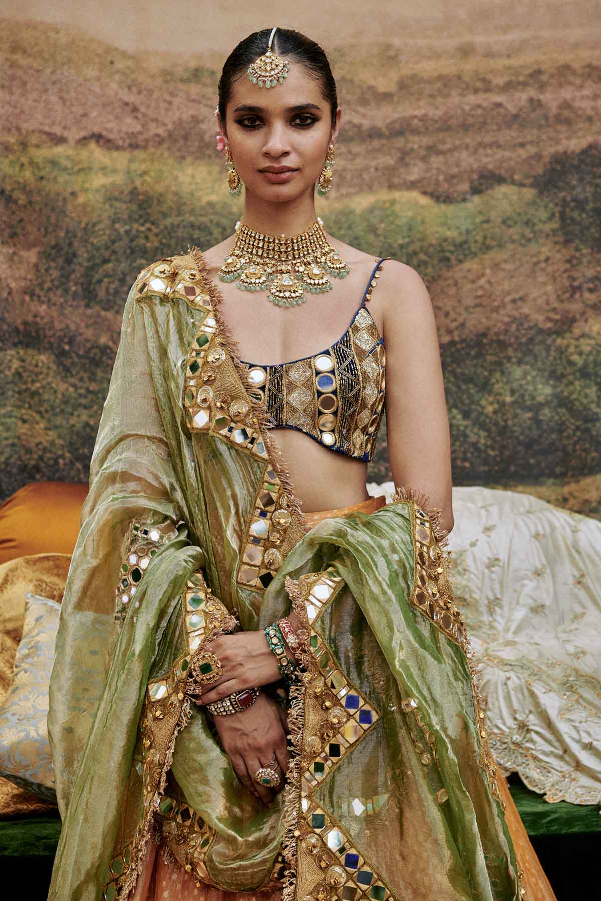 Orange Mirror Work Lehenga Set