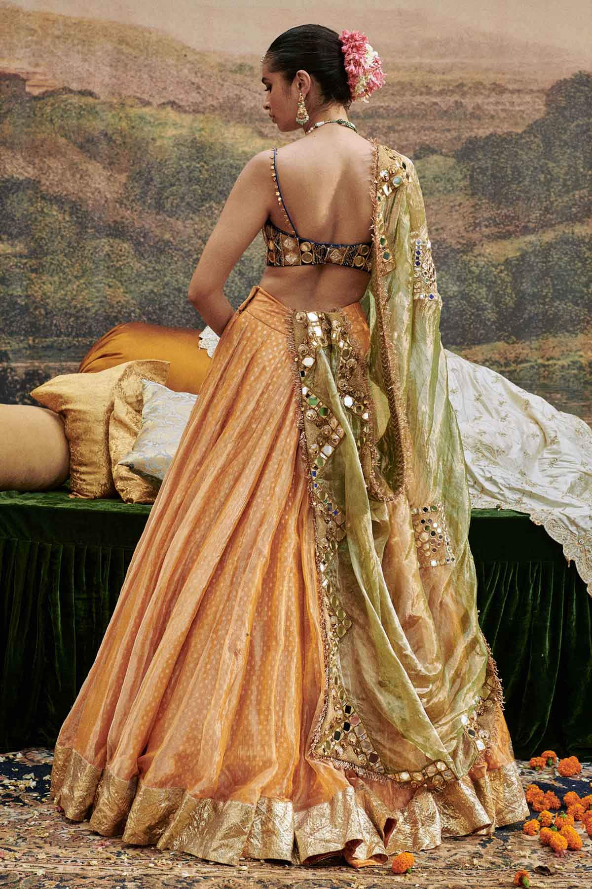Orange Mirror Work Lehenga Set