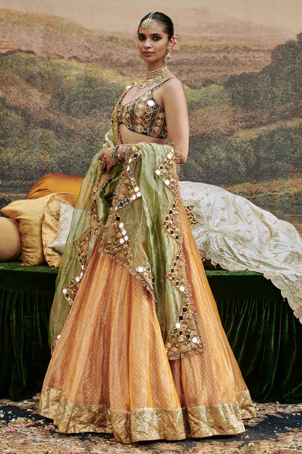 Orange Mirror Work Lehenga Set
