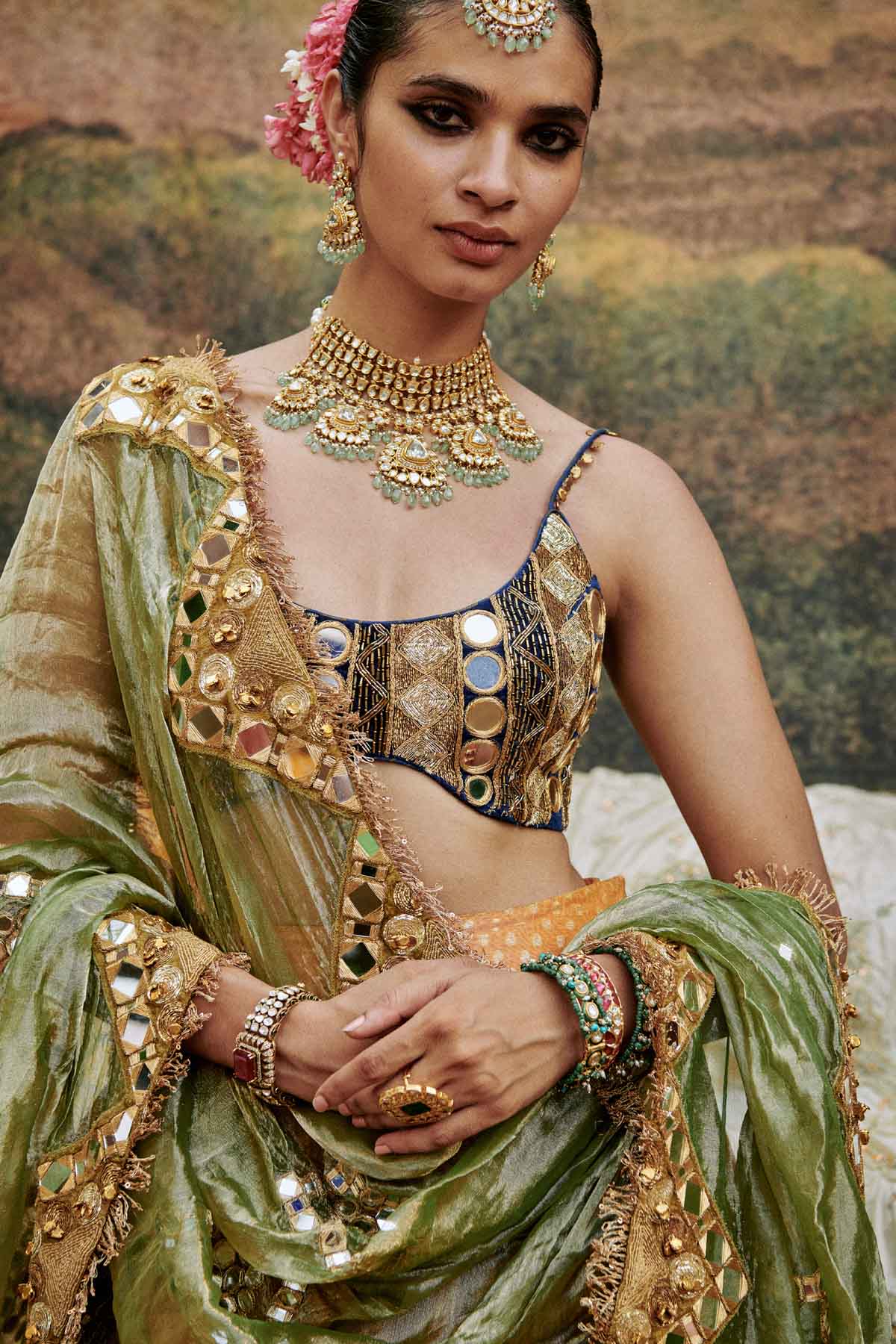 Orange Mirror Work Lehenga Set